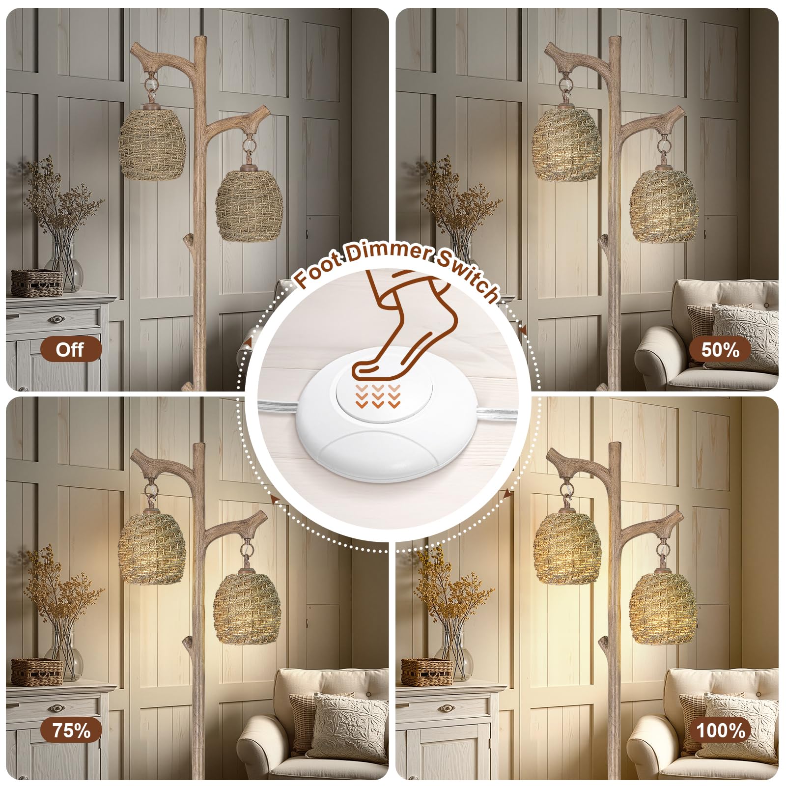 Scenekoy Vintage 68    Tall Floor Lamp With Straw Rope Woven Shade, Retro Resin Standing Lamp Tree Trunk Finish, Dimmable Corner