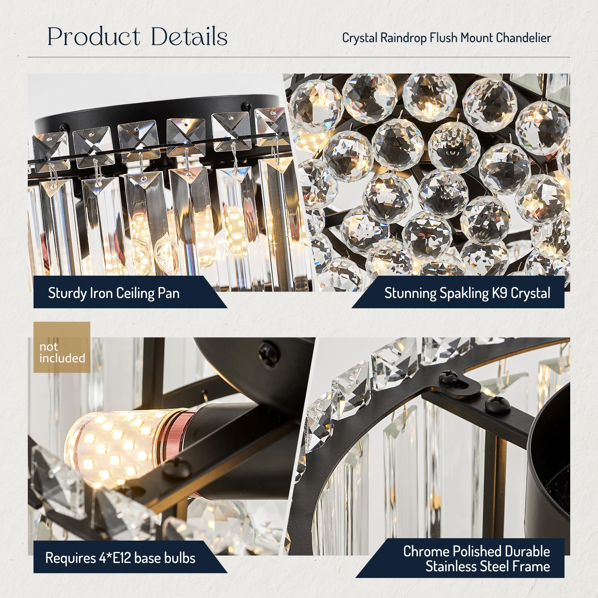 Faibra 12.6" Black K9 Crystal Raindrop Flush Mount Ceiling Light - Modern Chandelier for Dining Room, Bedroom, Kitchen & Living Room