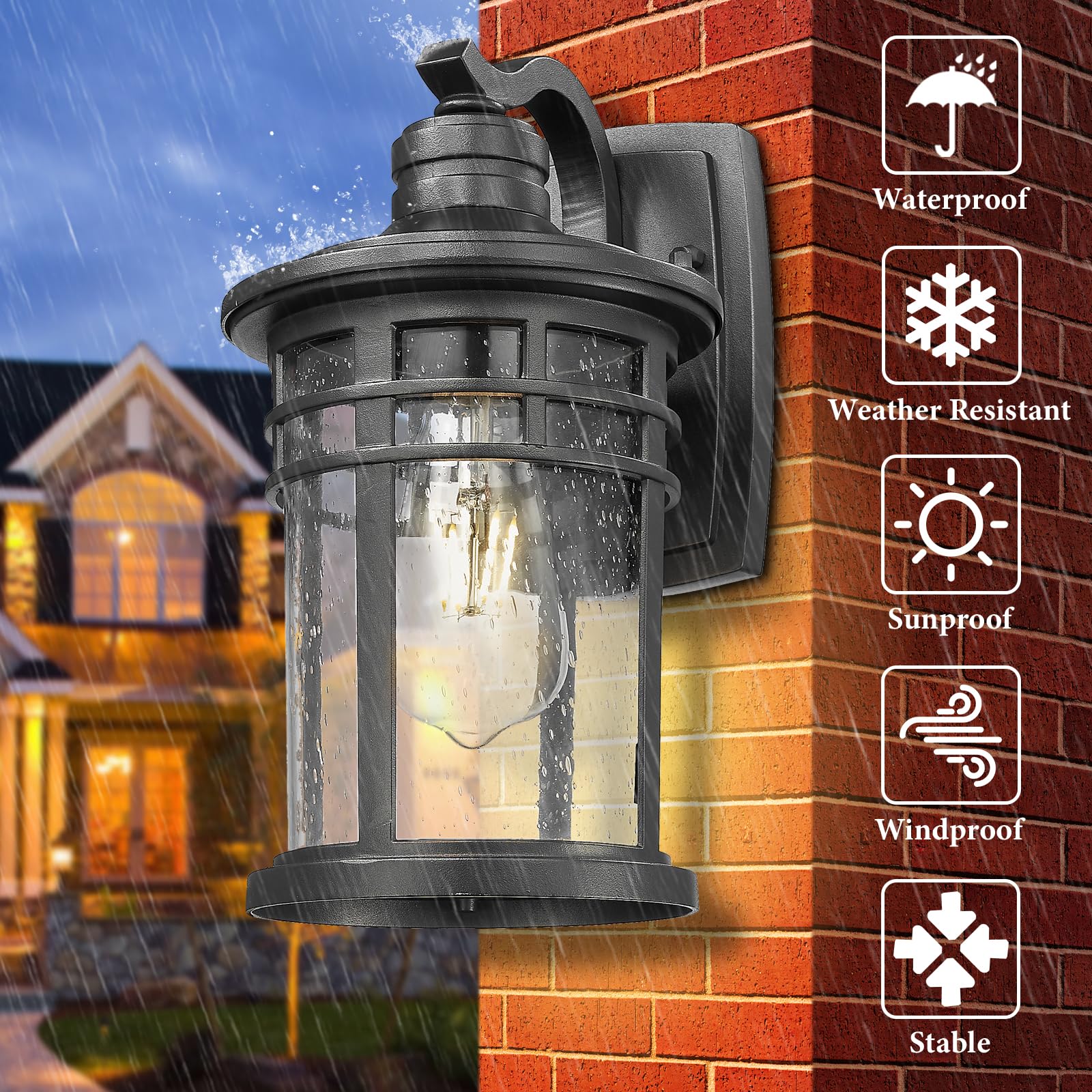 Darkaway Outdoor Wall Mount Porch Lights, Waterproof Seeded Glass Sconces, Black, Medium Size, Model 6X20B BK, 1 Pack
