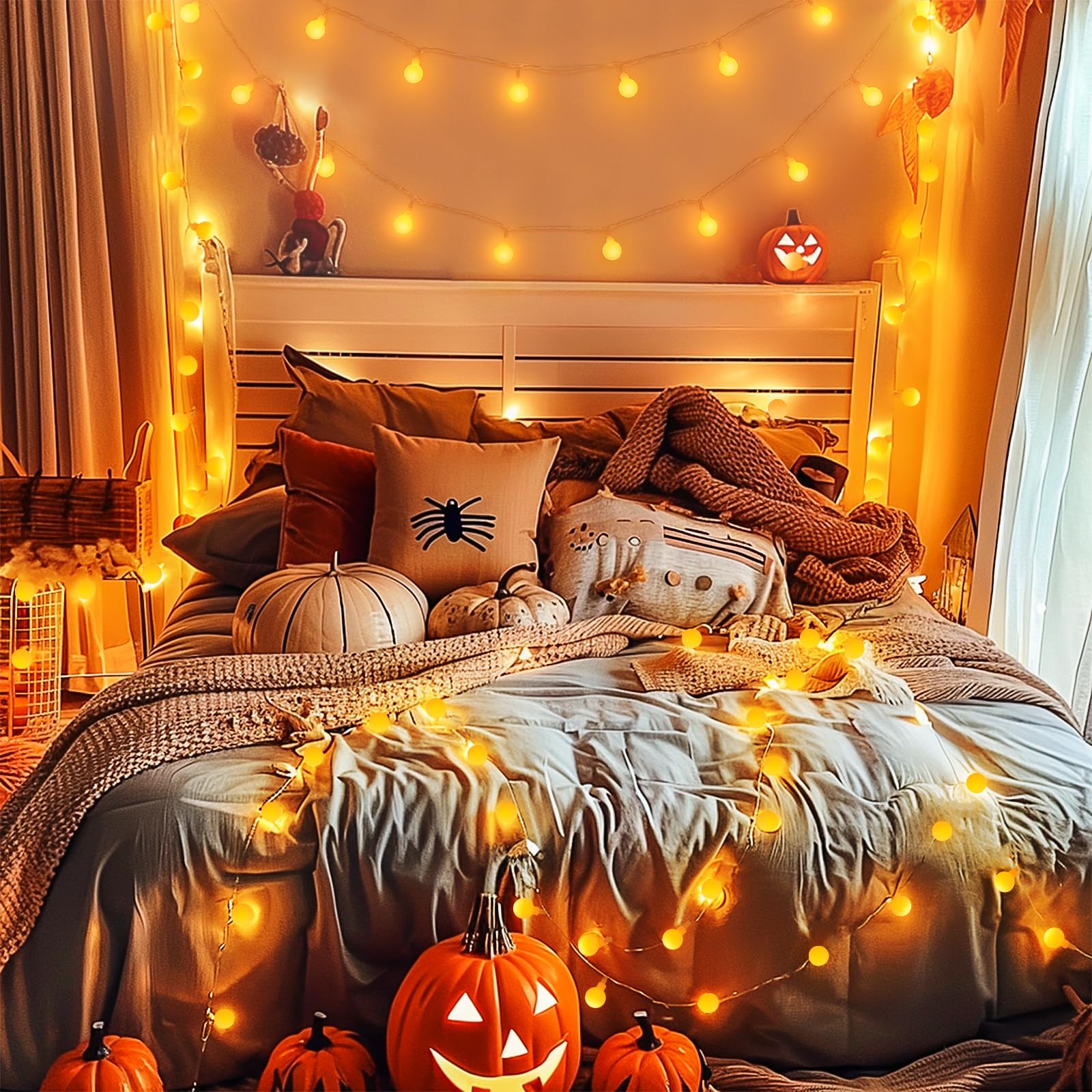 JMEXSUSS Orange Halloween String Lights Indoor, Connectable 100 LED Globe String Lights Plug in with Remote, 33ft 8 Modes Orange