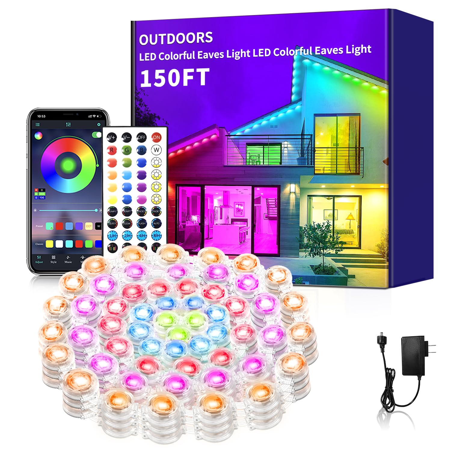 150ft Permanent Outdoor Light  RGB Smart Outdoor eave Lights with APP & Remote Control timed Music synchronisation IP67 Waterproof LED eave Light Suitable for Party Halloween Christmas Rooftop Garden