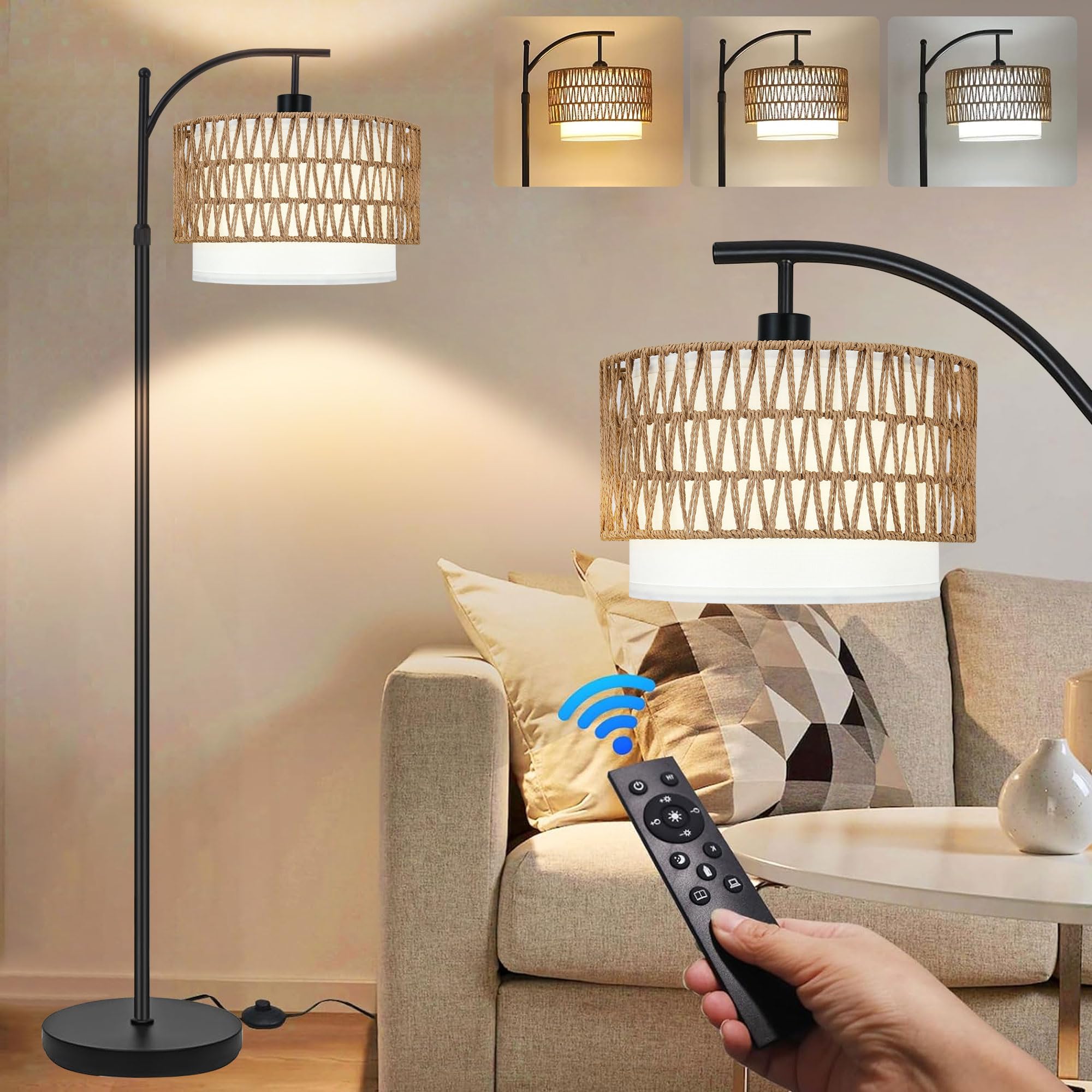 Arc Floor Lamp for Living Room with 3 Color Temperatures,Rattan Boho Floor Lamp with Remote Control,Black Dimmable Standing Lamp