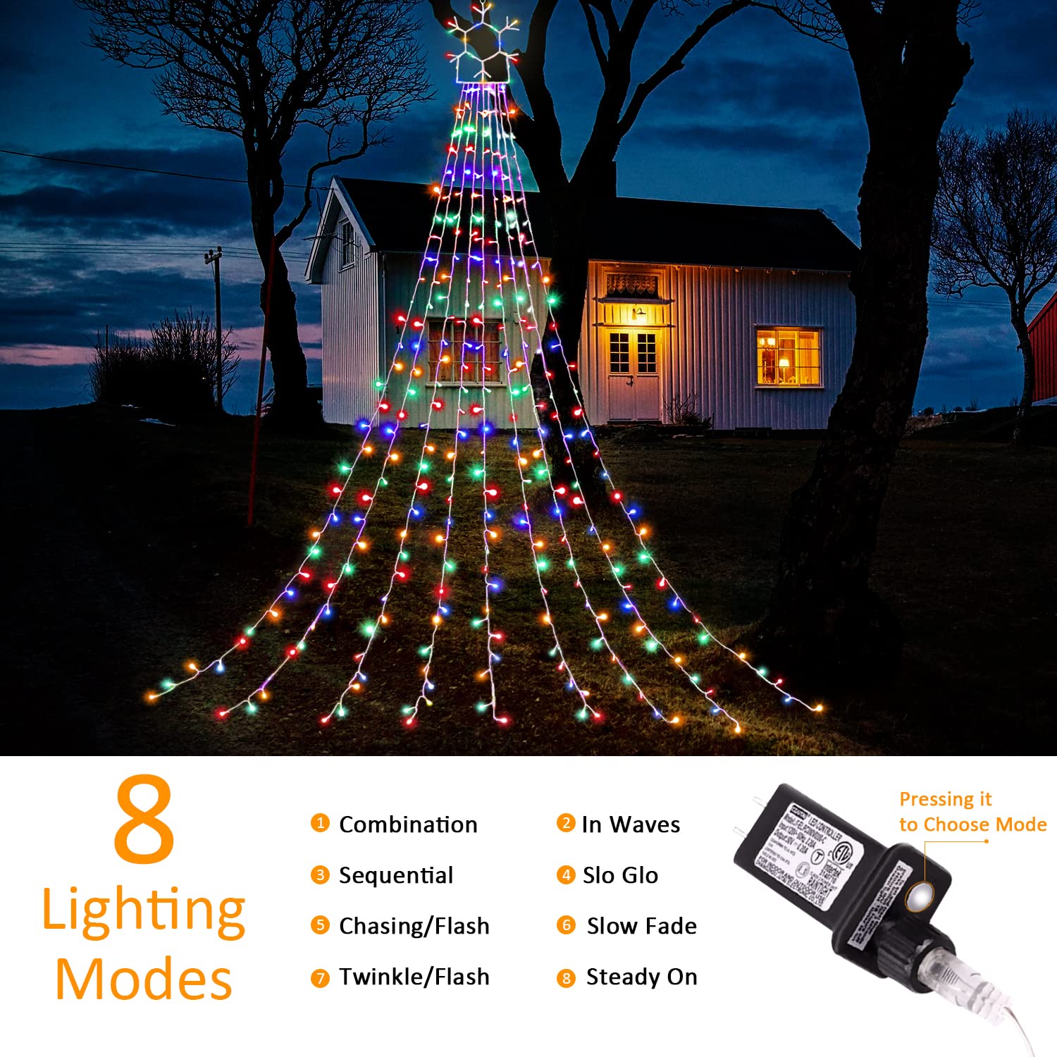 Cerflyer 320 Led Outdoor Christmas String Lights, 11.5 Ft Waterfall With Snowflake Topper, 8 Modes