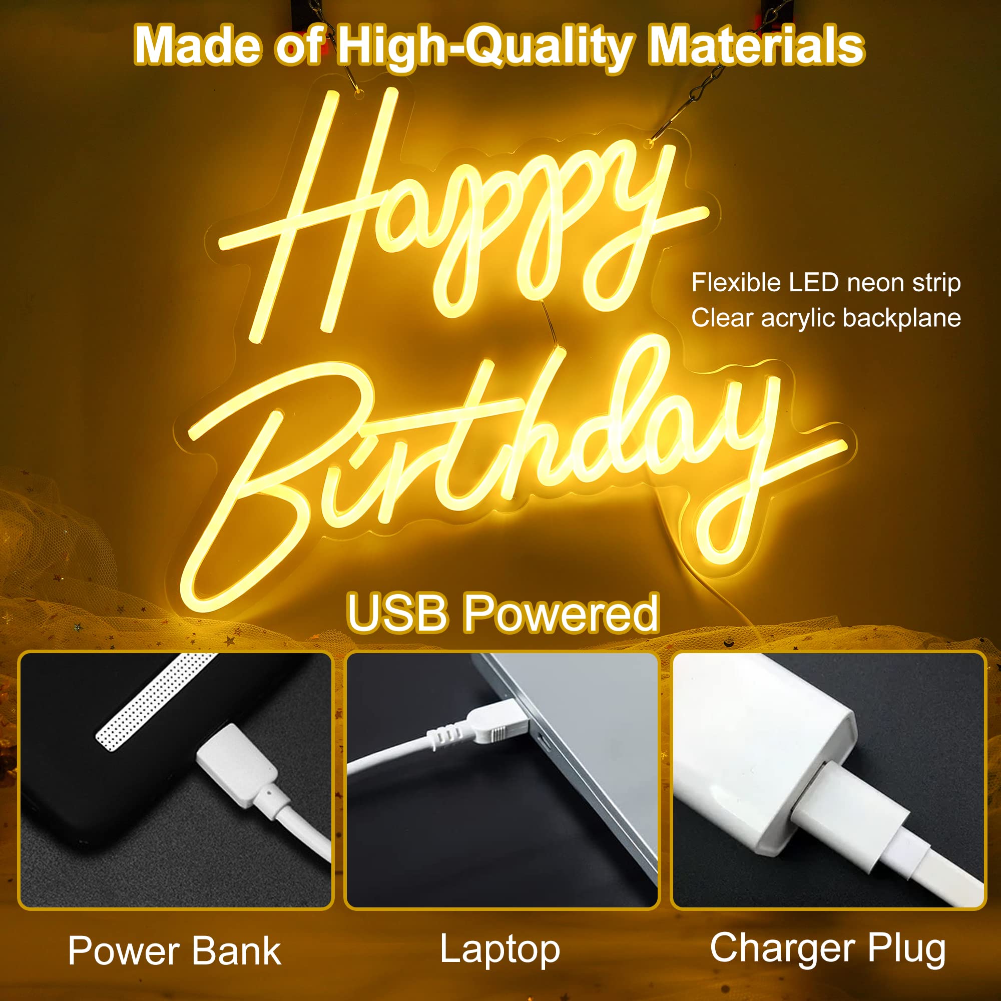 Aslanka LED Neon Sign - Happy Birthday Decor - 15.7 x 7.8 inch - Warm White Acrylic - USB Powered