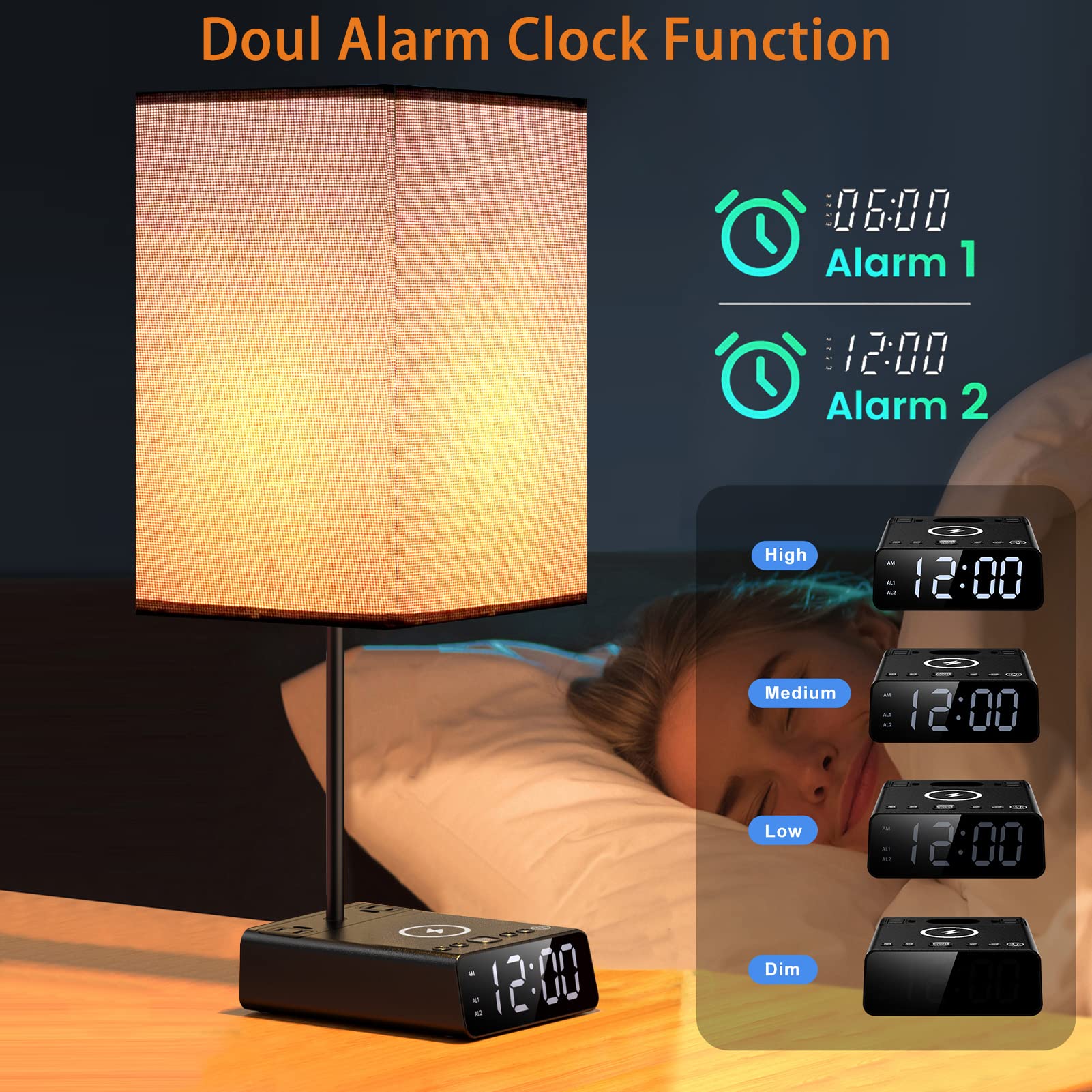 Table Lamps For Bedroom Set Of 2 - Touch Bedside Lamp With Wireless Charger & 2 Usb Charging Ports & 2 Ac Outlets, Alarm Clock Base,Dimmable Nightstand Lamps With Square Fabric Shade For Living Room