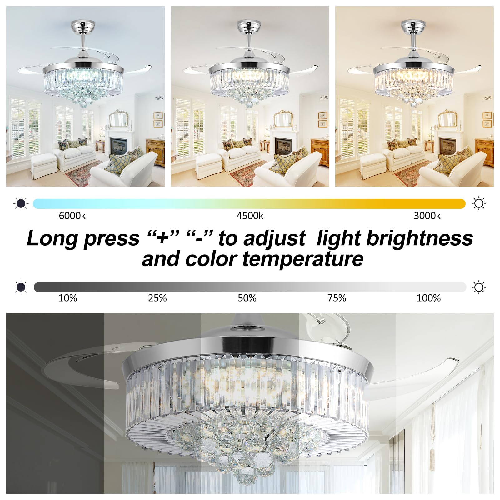 WWahuayuan 48in  Modern Chandelier Ceiling Fan with Timer, Silent Motor, Crystal, Remote Control, Silver, Model HYGX02SL-48