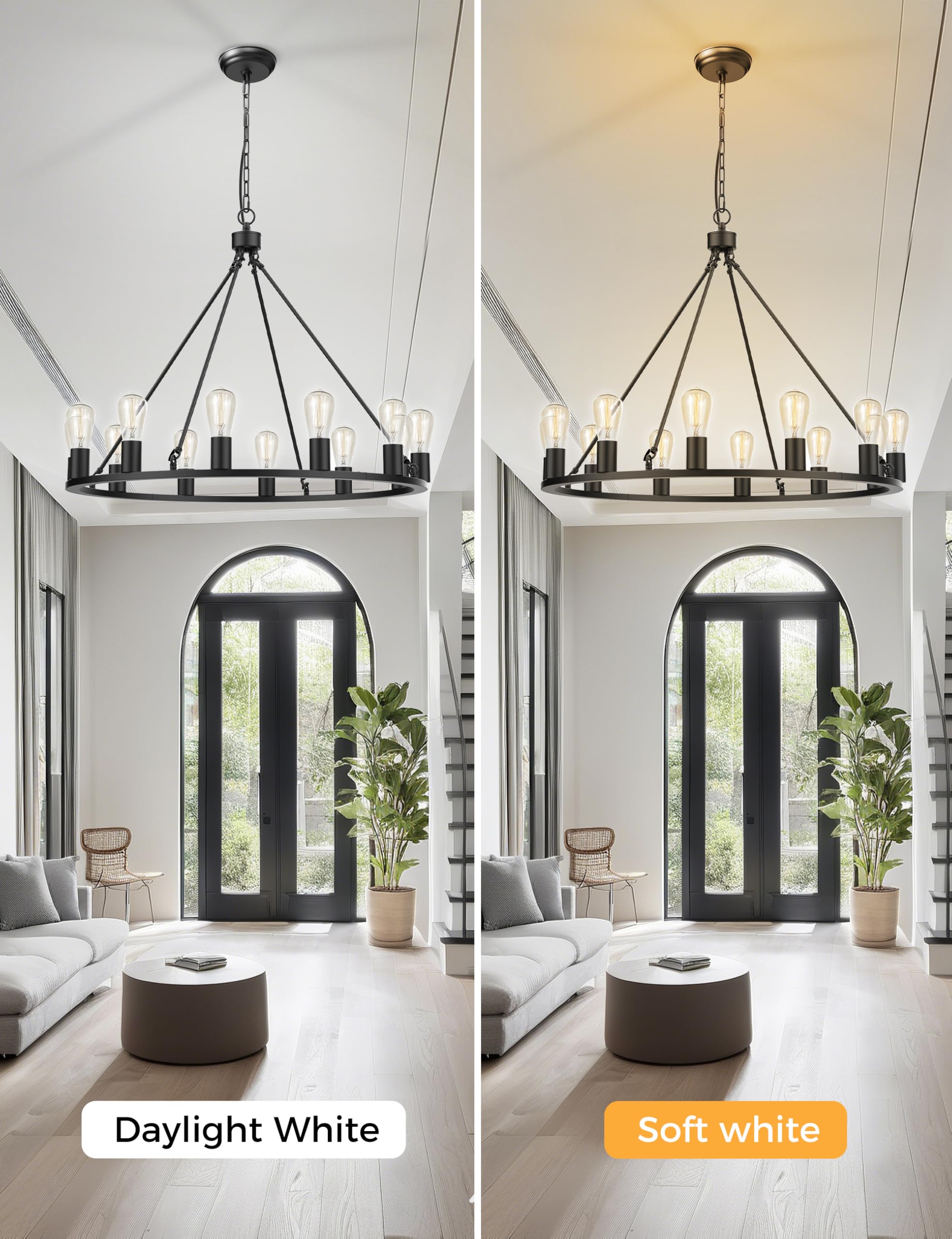 L Lohas Led Black Farmhouse Chandeliers For Dining Room, 12-Light Wagon Wheel Chandelier Over Table, Height Adjustable, 32'' Din