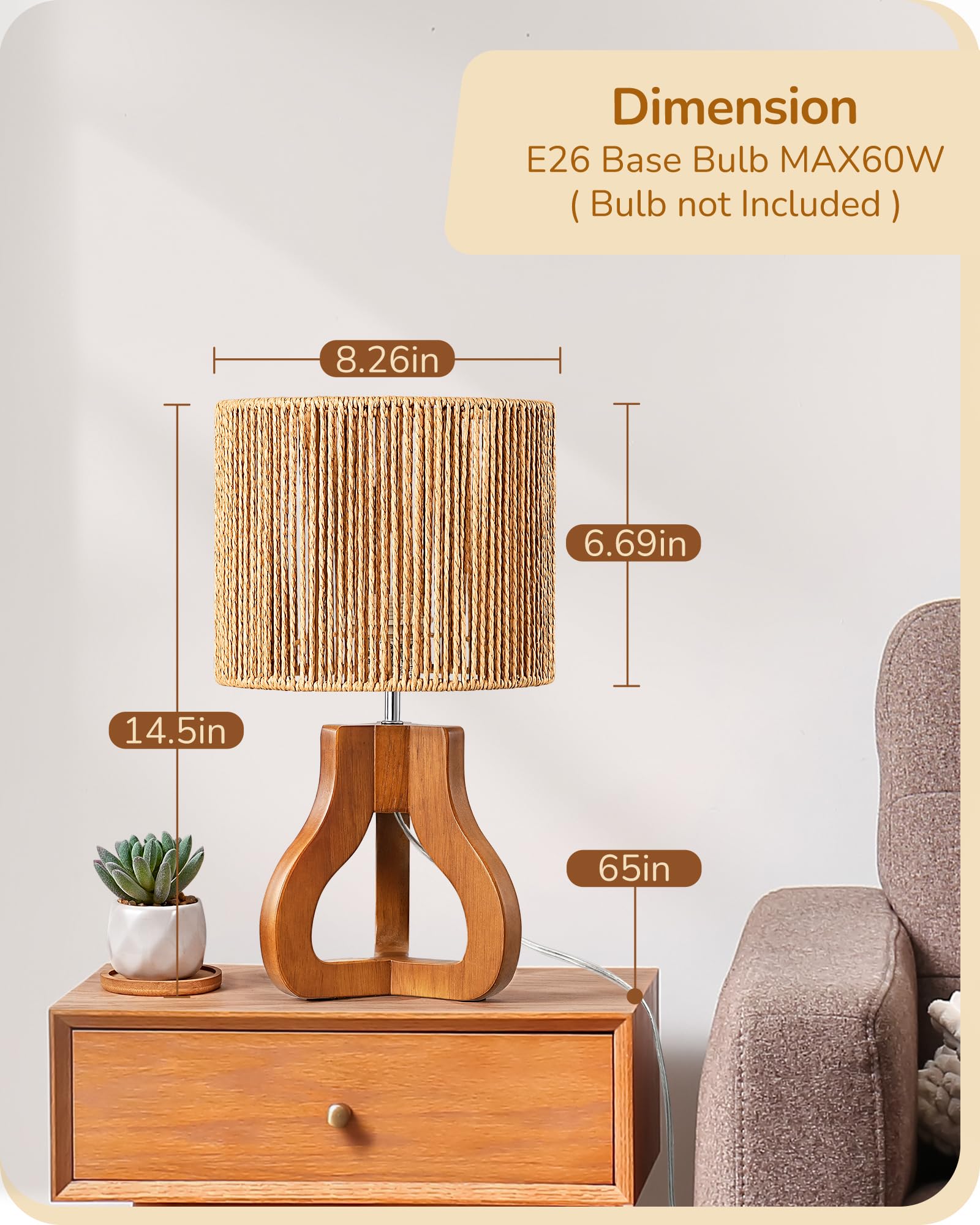 EDISHINE 14.6 Rattan Table Lamp, Rose Wood Tripod Nightstand Lamp, Handwoven Paper Rope Shade, Small Bedside Lamp for Bedroom Li