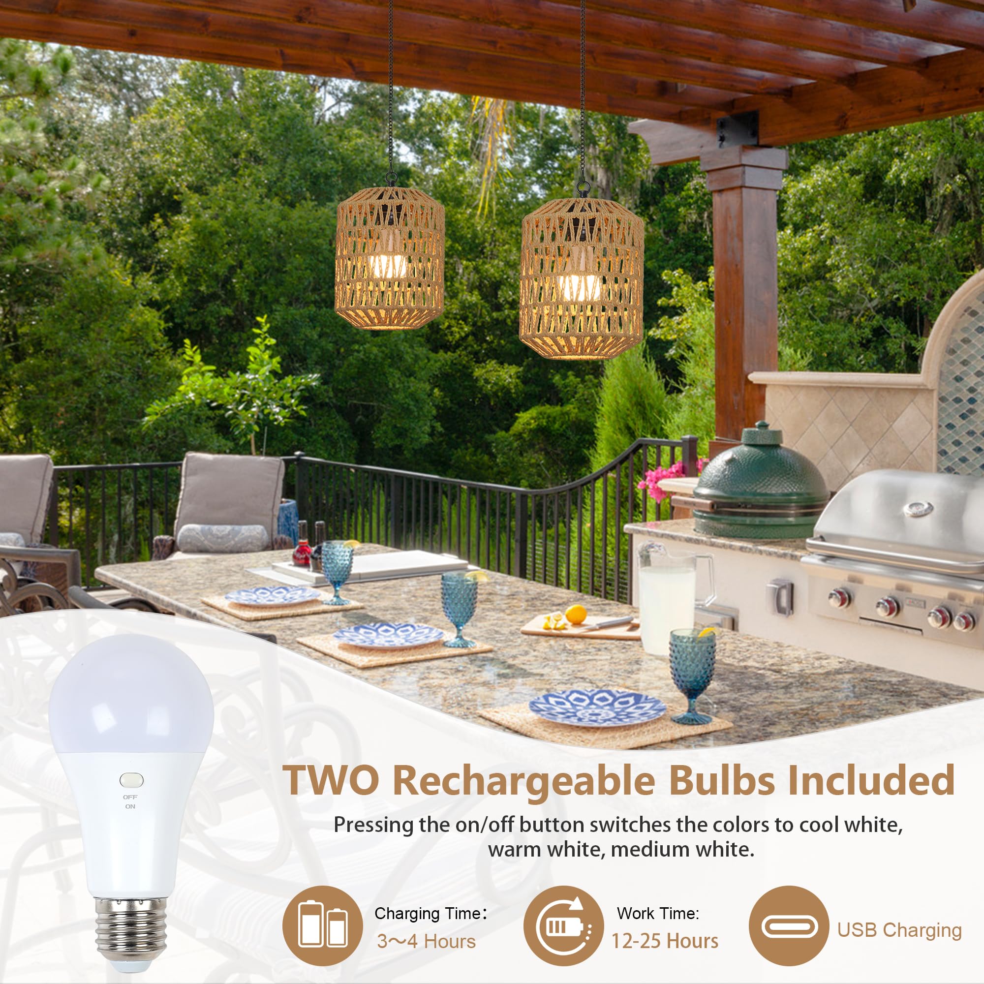 HMVPL Battery Operated Chandelier, Rattan Pendant Light with Remote, Brown, 2 Pack