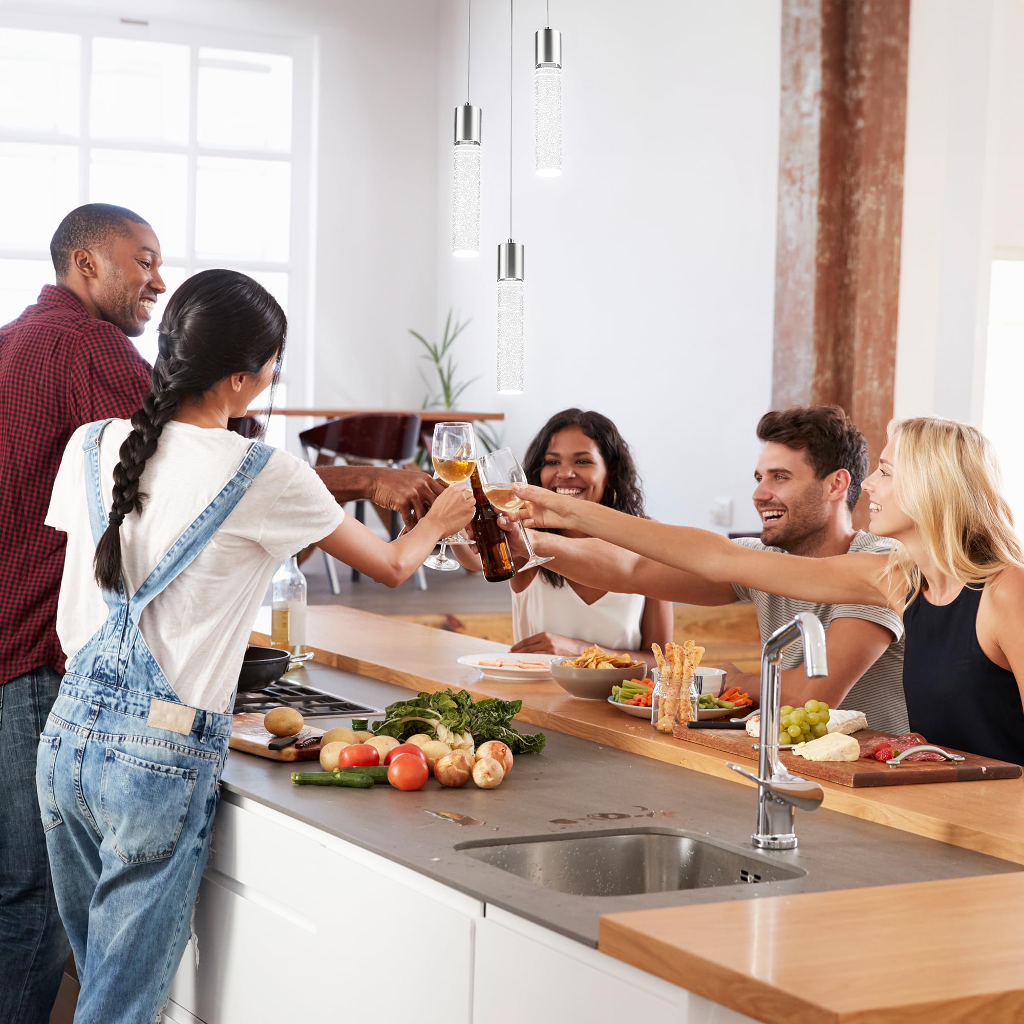 Esfos Pendant Lights Kitchen Island 3-Light, 6500K Modern Kitchen Island Lights Ceiling Lighting Fixtures With Crystal Bubble, I