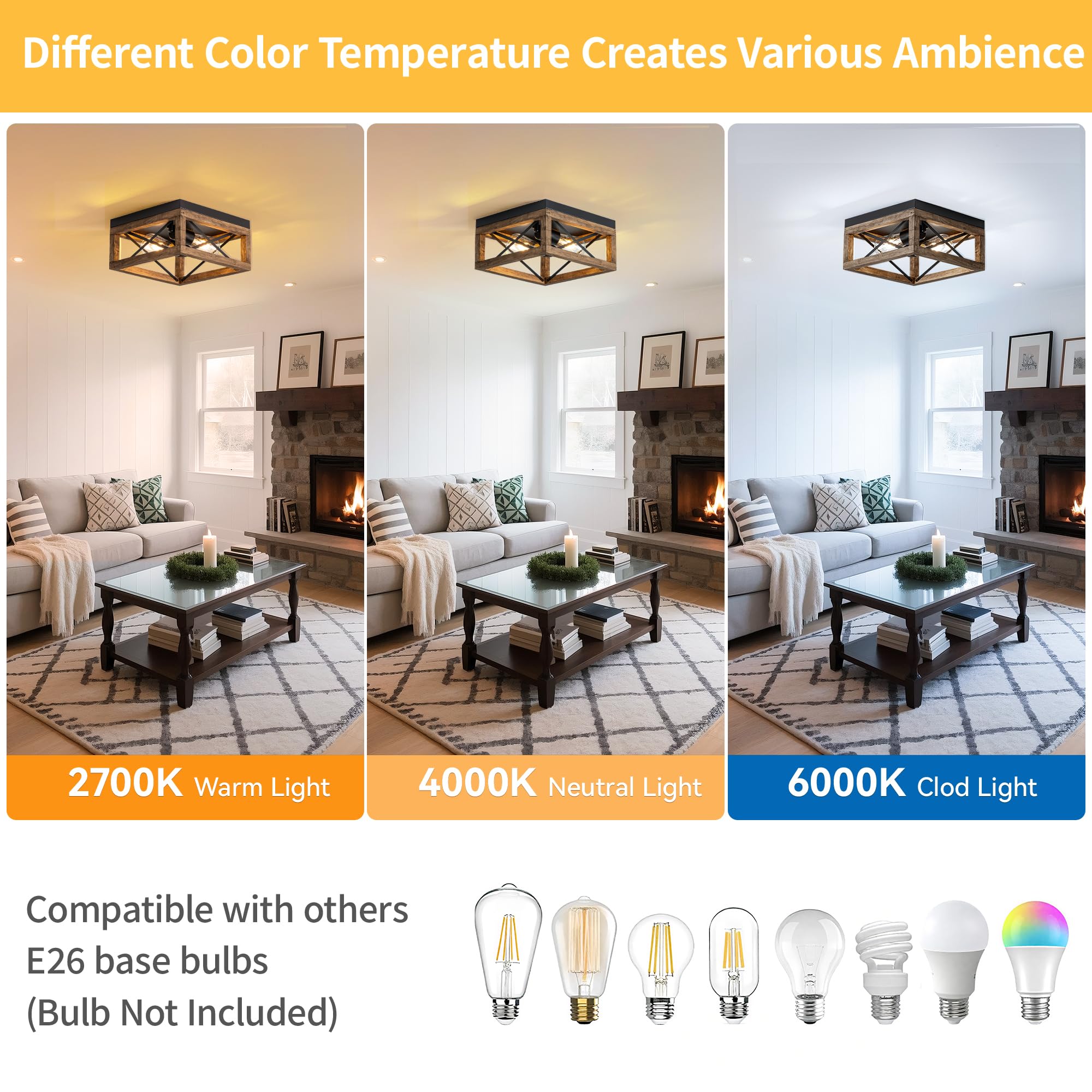 MAYNA Farmhouse Flush Mount Ceiling Light, 2-Light Rustic Design, Wood and Metal, Black-2, Perfect for Kitchen, Hallway, Bedroom, Dining Room