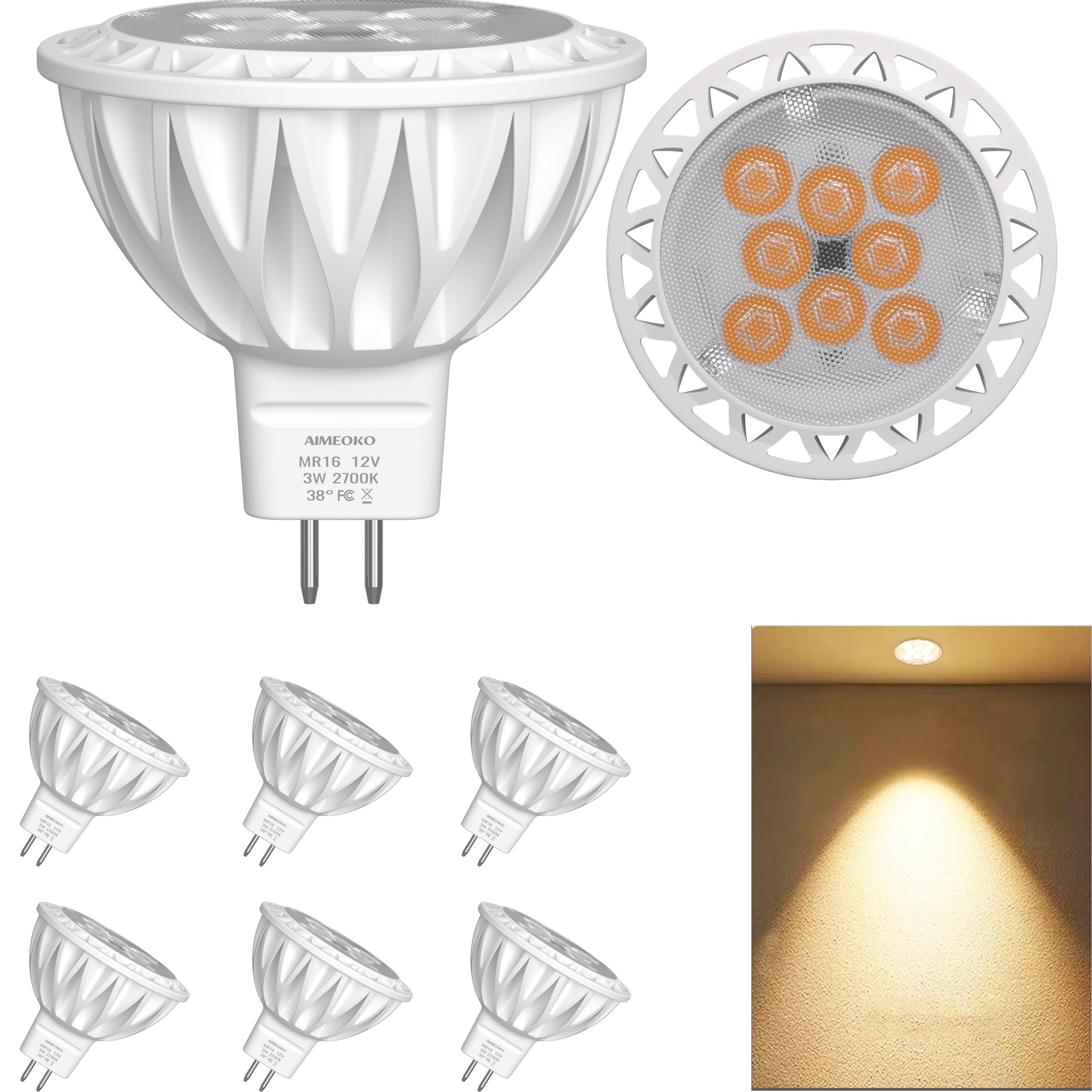 Aimeoko Mr16 Led Bulb Light Bulbs 3W (35W Halogen Equivalent) 2700K Gu5.3 Base 12V Spotlight 300Lm For Landscape Recessed Track 