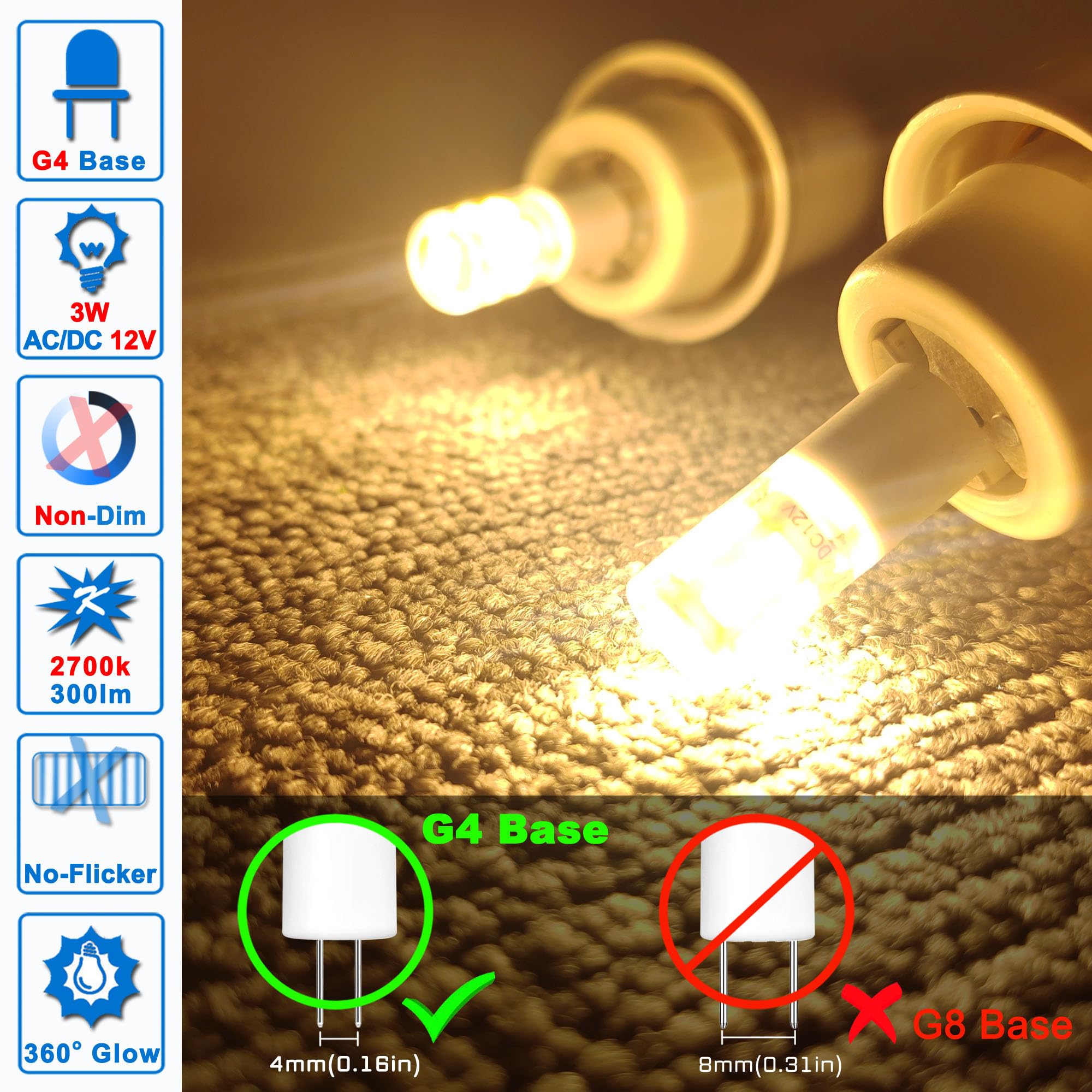 G4 T3 Led Landscape Bulbs 12V 3W Jc Bi-Pin, G4 20W-30W Halogen Equivalent,2700K Soft Warm White,Low Voltage G4 Light Bulb For Ou