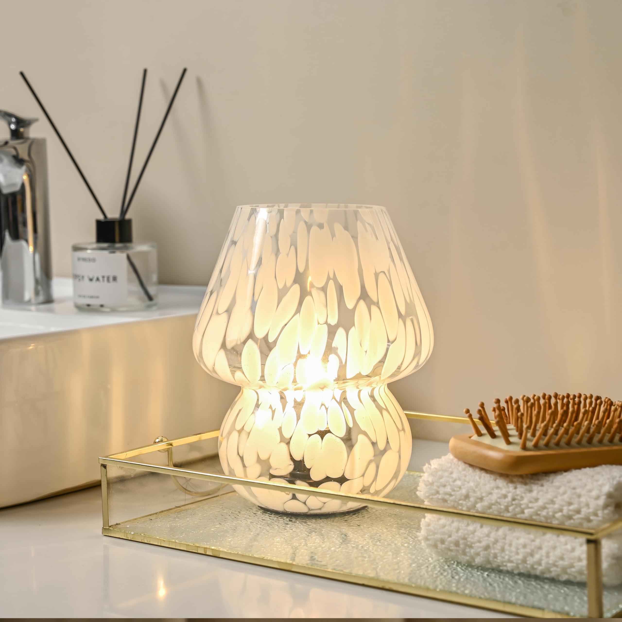 Aomoonoa Glass Mushroom Lamp, Small Mushroom Desk Lamps With Led Bulb For Kitchen Counter, Cozy Lamp For Bedroom Nightstand, Bat