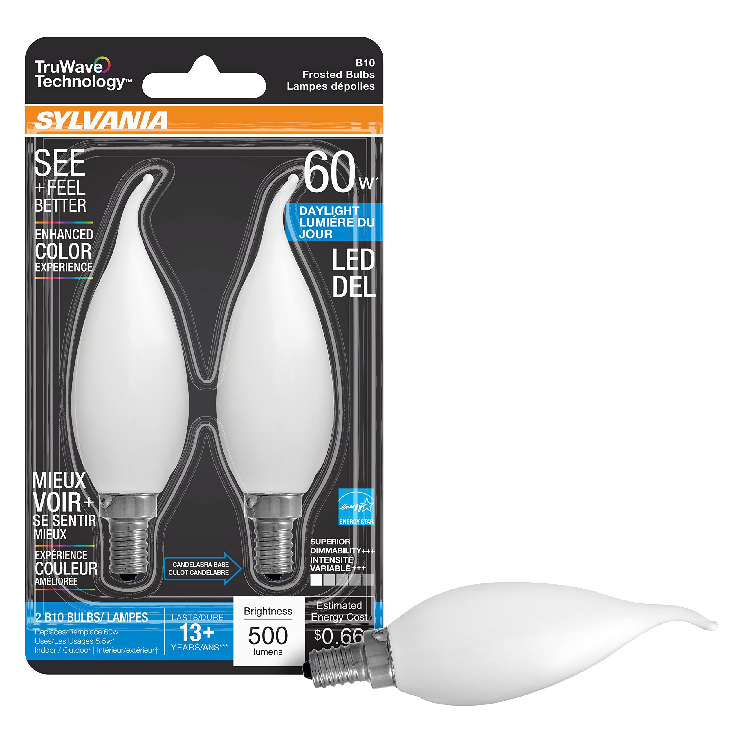 Sylvania Led Truwave Natural Series D  Cor B10 Light Bulb, 60W Equivalent Efficient 5.5W, 500 Lumens, Candelabra Base, Dimmable,