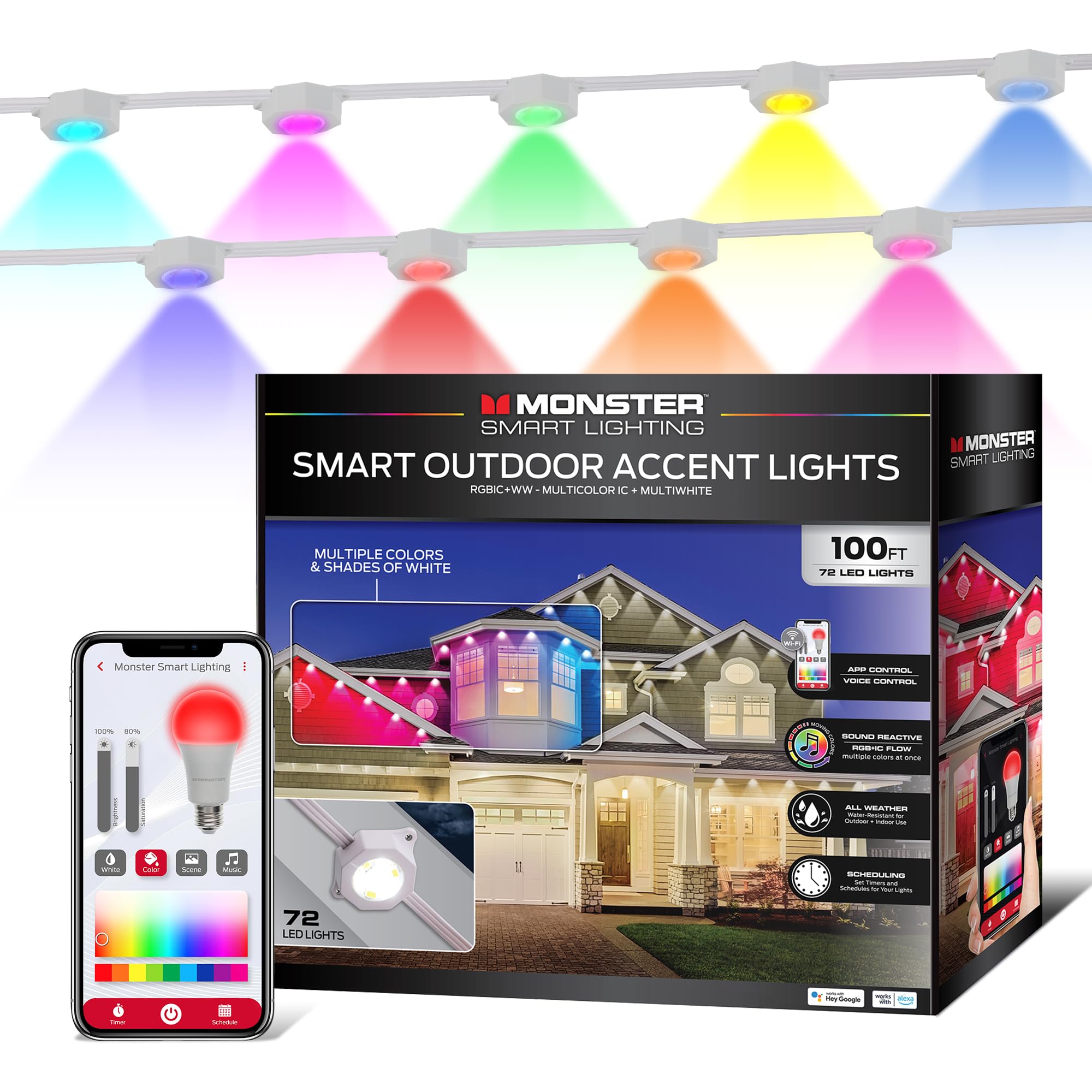 Monster Smart Permanent Outdoor Lights  100ft  72 LED Eaves Lights  RGB+IC+WW  Weather & Water Resistant  App & Voice Control  Compatible with Alexa and Google  for Halloween  Christmas & Year-Round