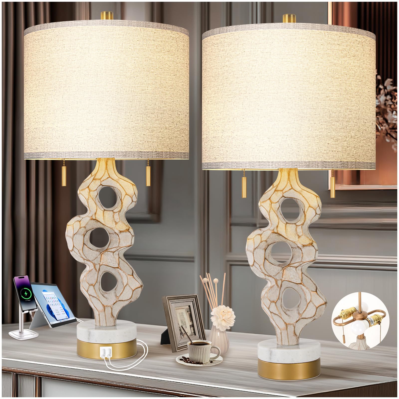 Scenekoy Sculptural Table Lamp Set of 2 for Bedroom, 26    Farmhouse Bedside Lamps for Living Room, Rustic Linen Shade Night Sta