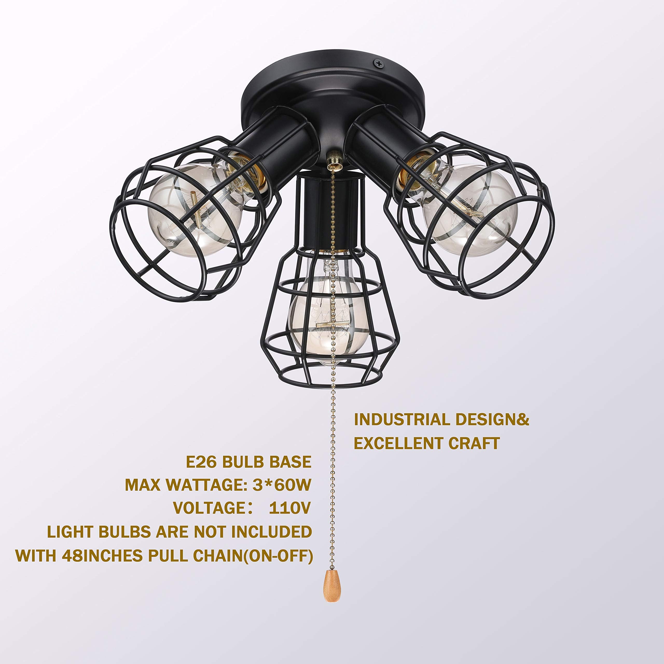 SPACETHREE 3-Light Industrial Semi Flush Mount Ceiling Light, Oil Black Metal Wire Cage, Model CL1902-3BK, 12 Inch