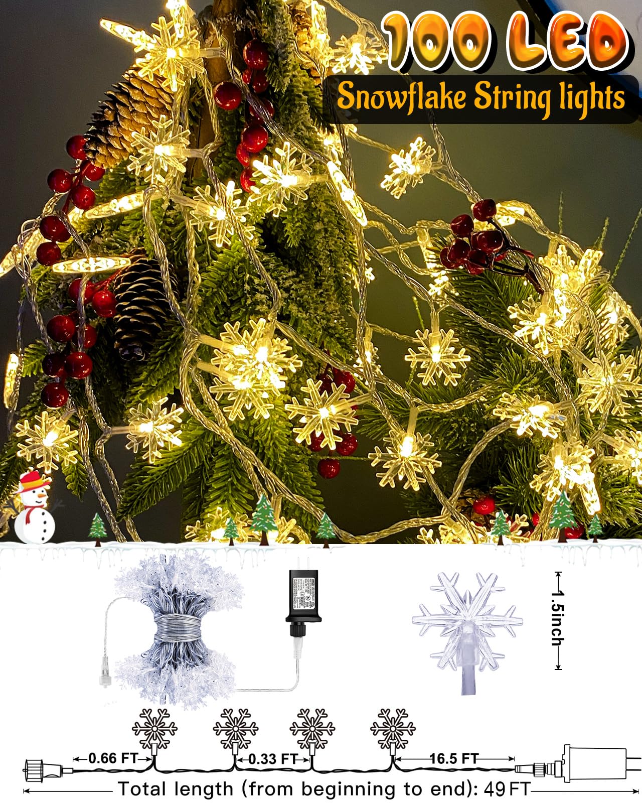Christmas Snowflake String Lights Outdoor, 100 Led 49Ft Icicle Lights Waterproof With 8 Modes Timer Xmas Decorations, Plug In Fairy Lights For Curtain, Eaves, Window, Tree, Garden, Yard- Warm White