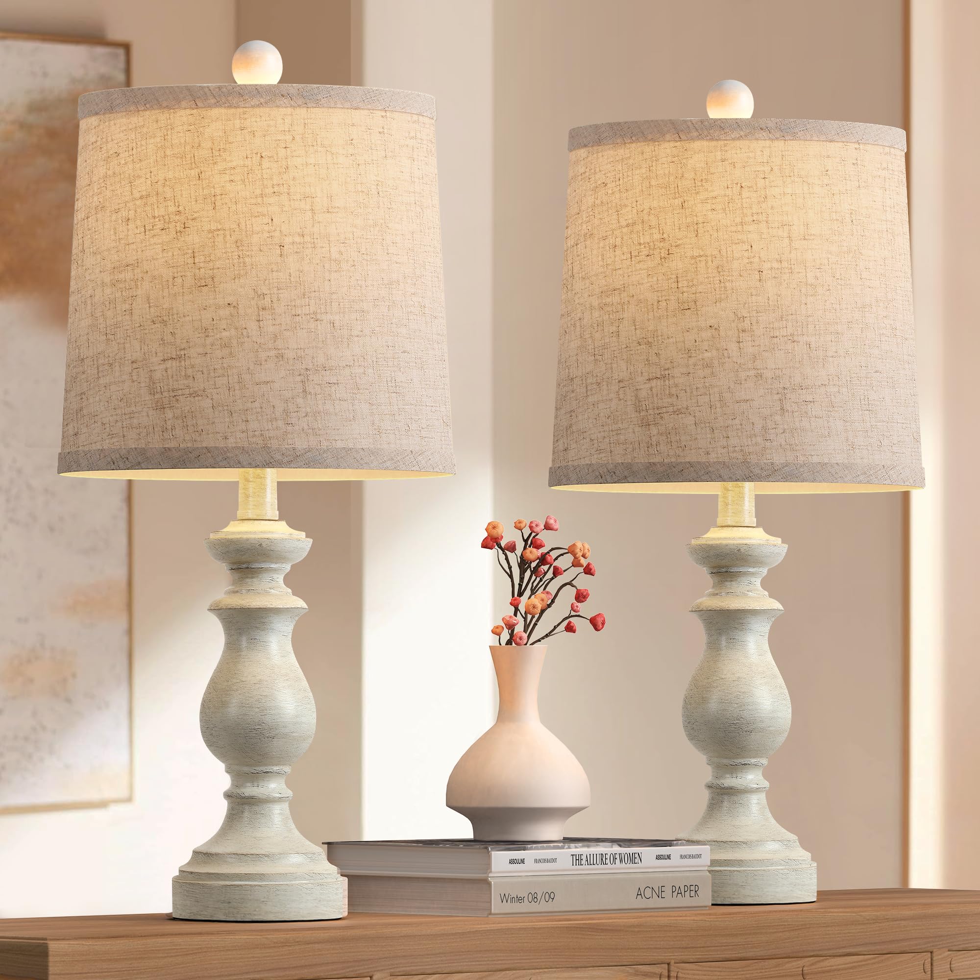 PARTPHONER Traditional Table Lamp Set of 2, Rustic Vintage Design, 22in Height, Antique White, Resin, Model STR-DL-0004