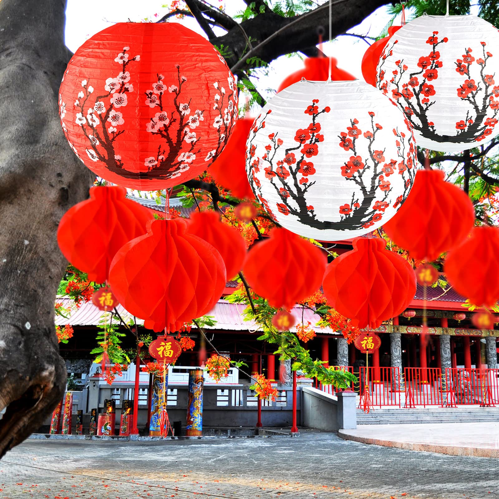 60 Pieces Chinese Japanese Paper Lantern Includes 8 Cherry Blossom Japanese Paper Lantern 52 Chinese Red Lanterns 12 Inches Red