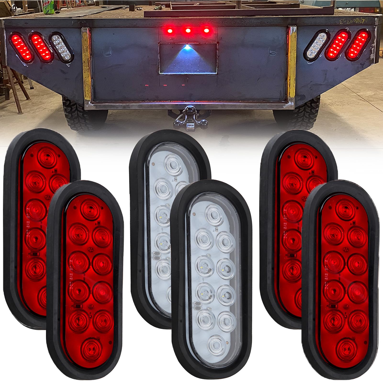6Pcs 6 Inch Oval LED Trailer Tail Lights 10 LED  4 Red and 2 White 6 Oval Led Stop Turn Tail Lights Brake Reverse Back Up Trailer Lights w/Flush Mount Grommets Plugs Waterproof for RV Truck Bus 12V