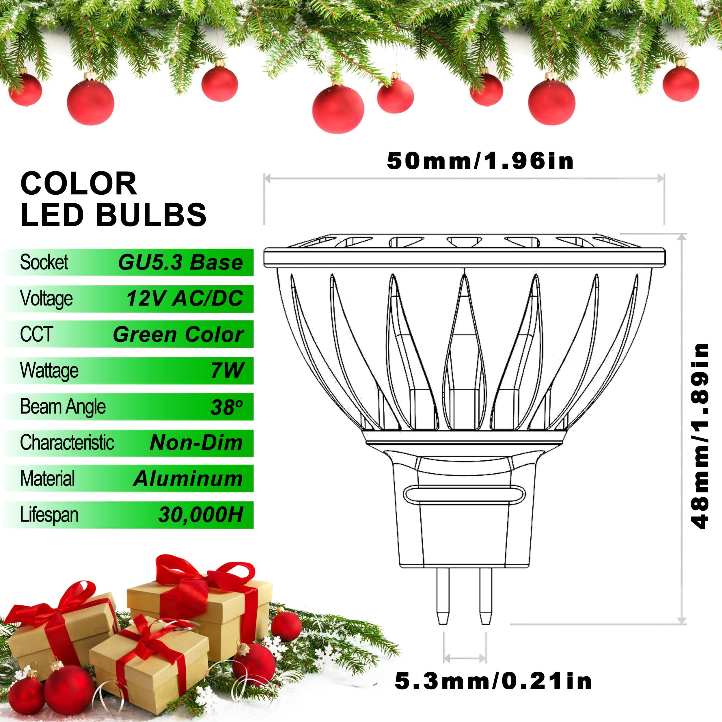 ALIDE MR16 GU5.3 5W LED Bulbs, Green, 12V Low Voltage, Aluminum, 3 Pack - Halogen Equivalent for Outdoor Lighting