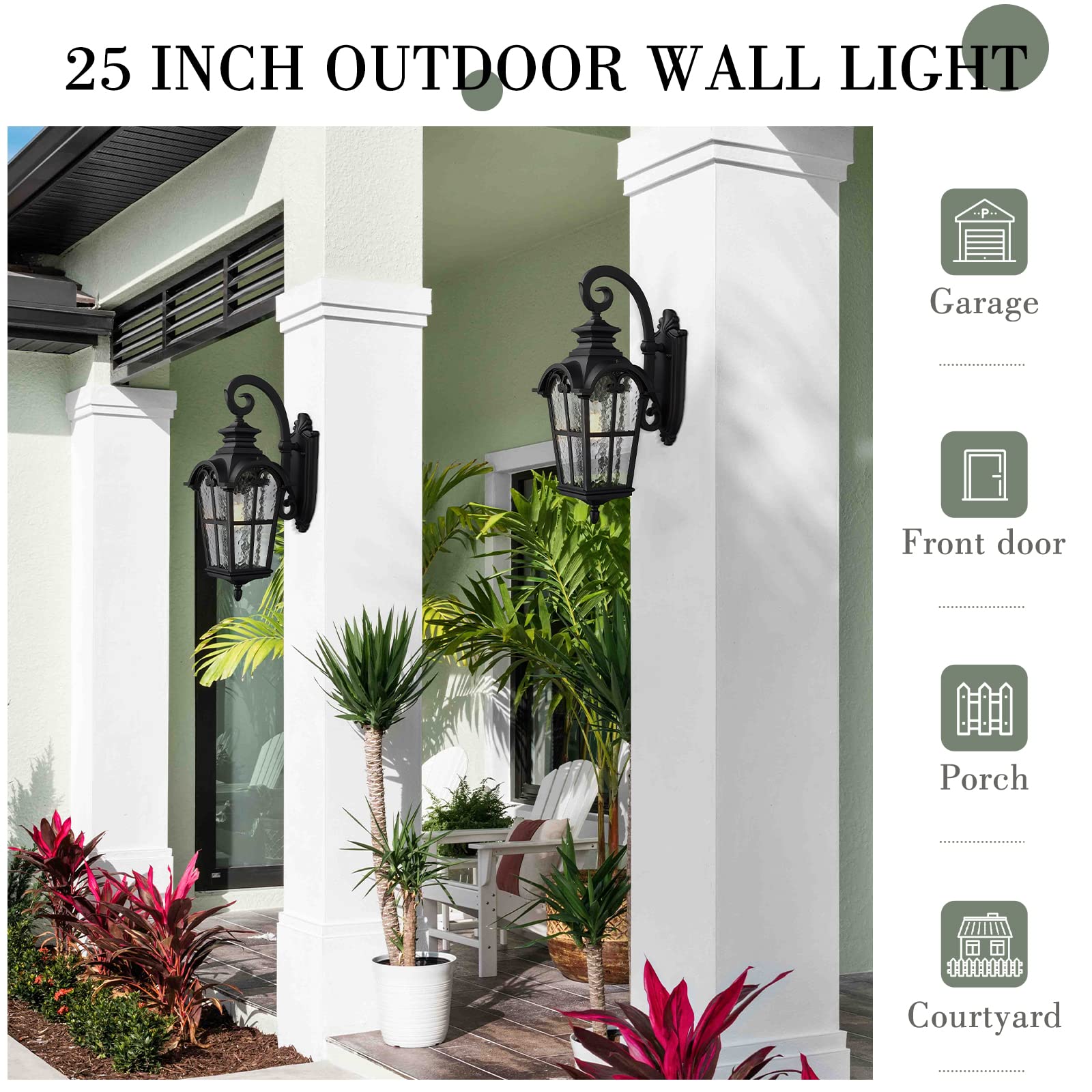 Emliviar 28.7 Inch Farmhouse Wall Light, Large Exterior Wall Sconce For Porch Patio, Water Grain Glass In Black Finish, We215Bl