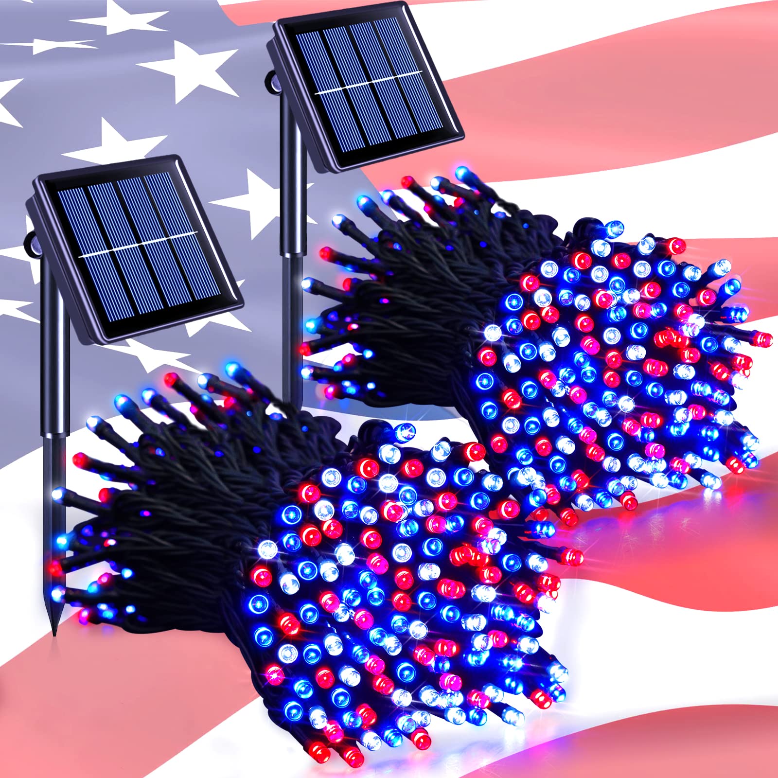 JMEXSUSS 2 Pack Red White and Blue Solar Lights, 200LED 75.5ft Patriot Solar String Lights Outdoor Waterproof, 8 Modes 4th of July Lights for Independence Day Patio Garden Tree Decorations