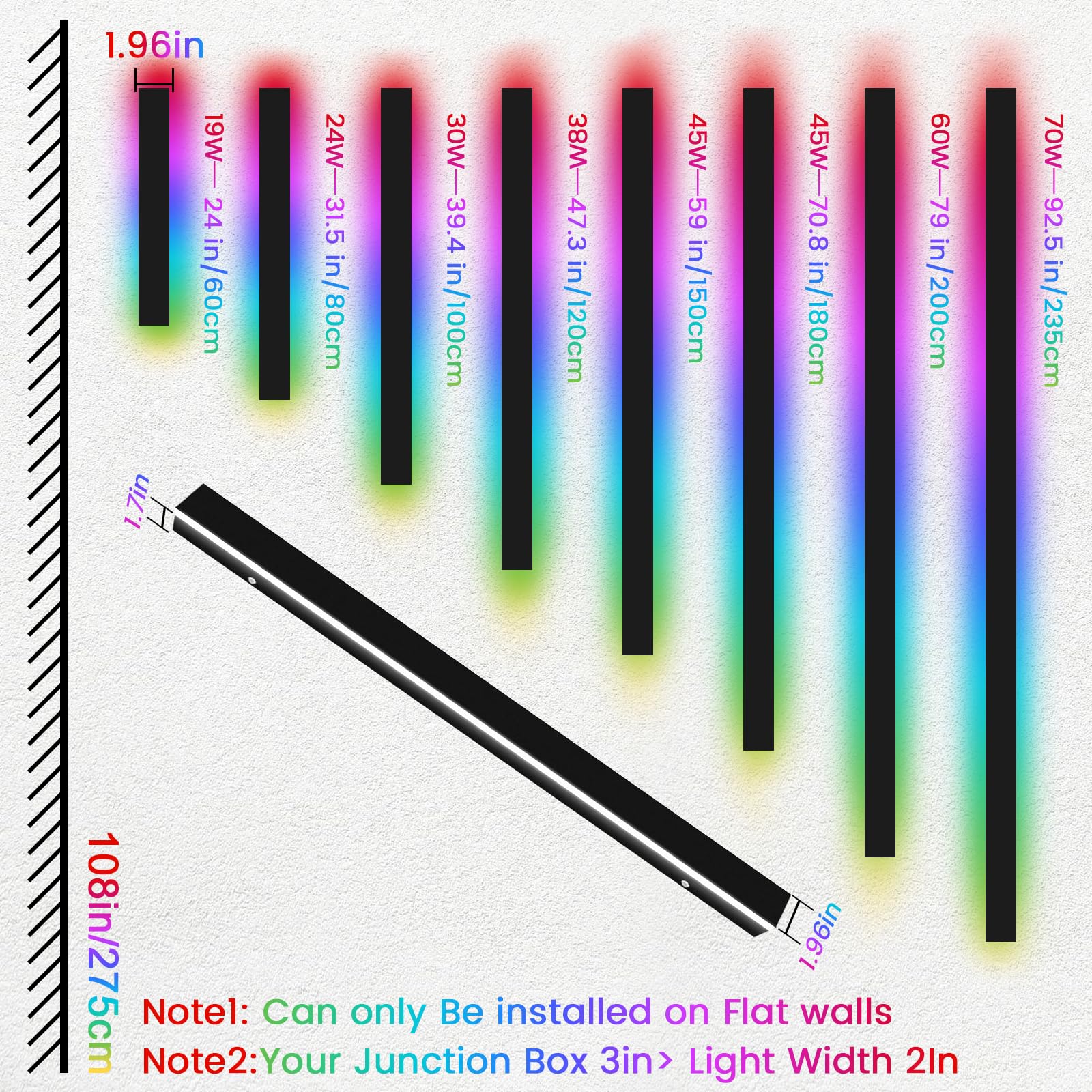 Nkjortppl 2 Pack 92.5 Modern Outdoor Led Wall Lights For House, Black Exterior Rgb Wall Sconce, Linear Long Strip Waterproof Out