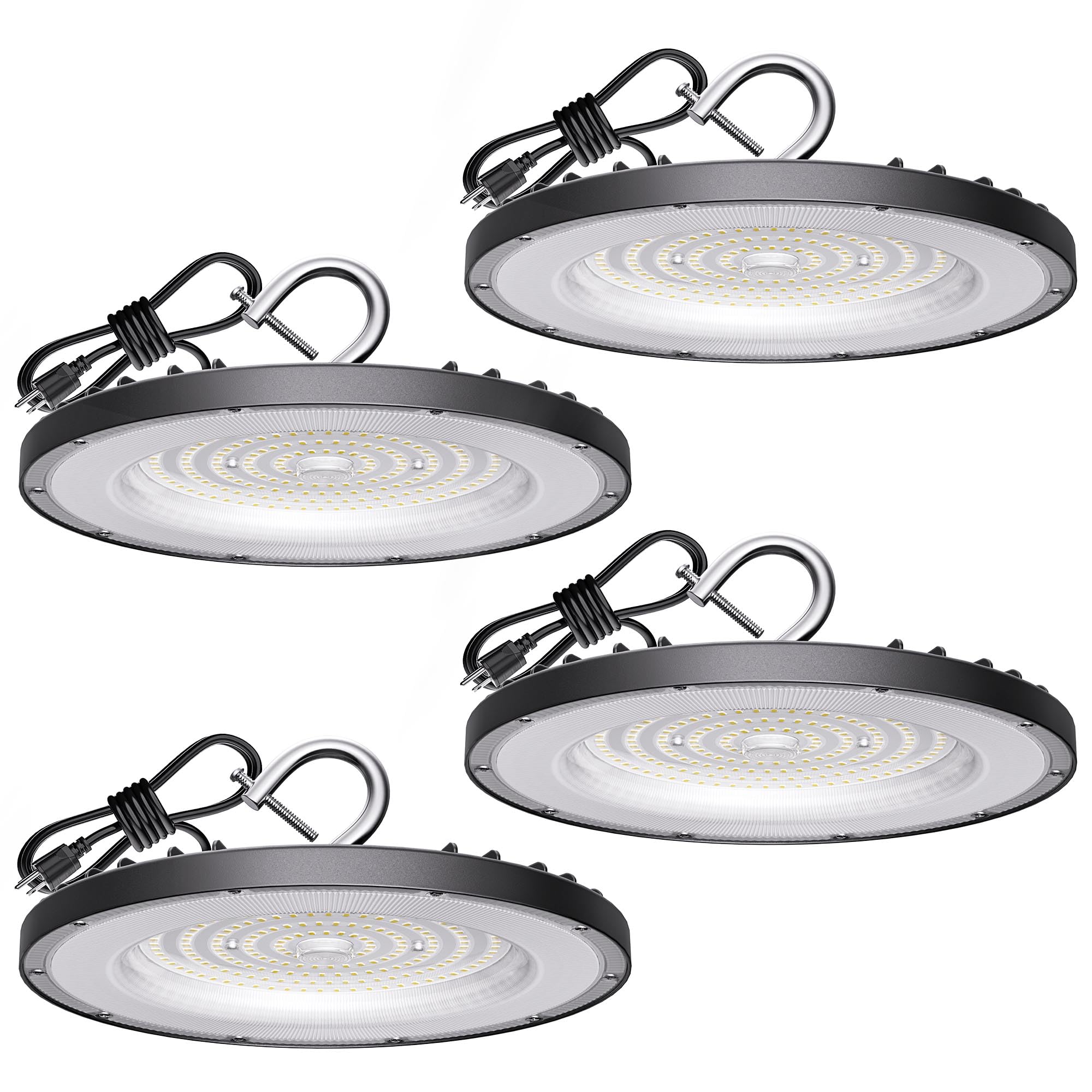 4 Pack UFO Led High Bay Light 150W(600W MH/HPS Equiv.), 21000lm, 4000K Daylight High Bay Led Light with 5' Cable US Hook, IP65 W