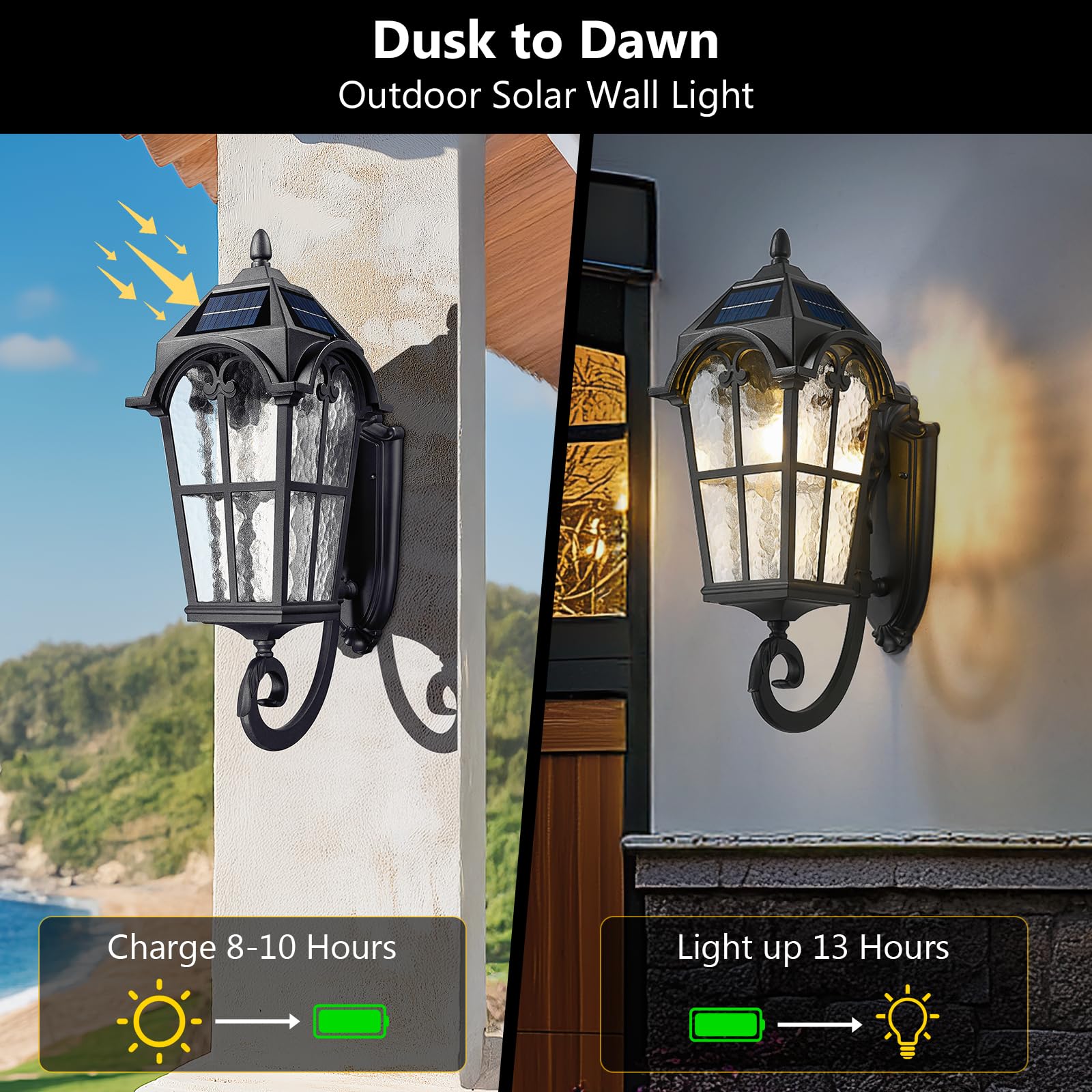 Emliviar Exterior Led Solar Wall Sconce With Remote Control  24 Front Door Wall Lantern With Water Glass Shade  Waterproof Solar Black Wall Light With E26 Bulb  Yxe302Mb-Sl Bk
