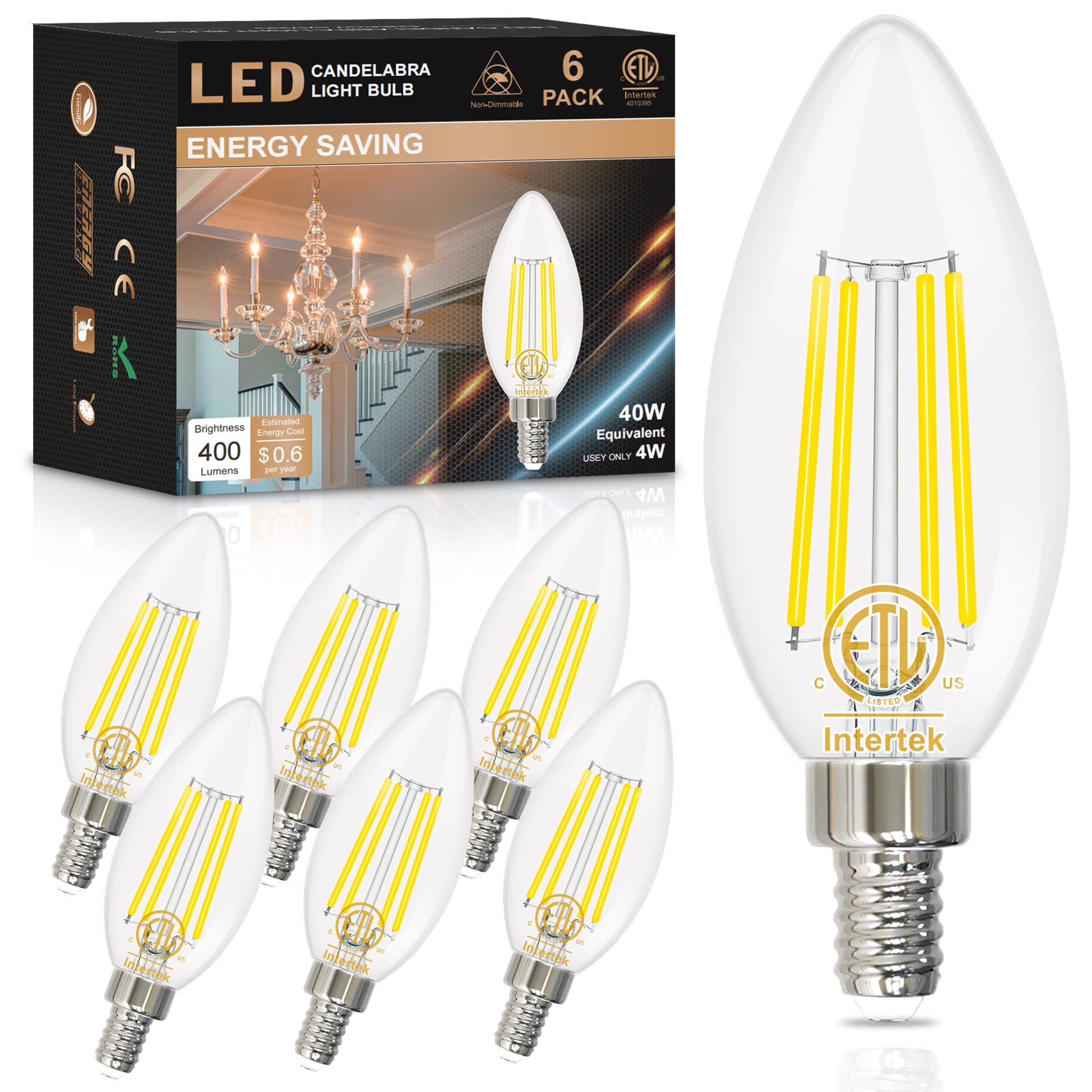 Hansang E12 Led Bulb 5000K Bright Daylight, 40W Equivalent Type B Bulbs With Small Candelabra Base, B11 Shape Chandelier Light B