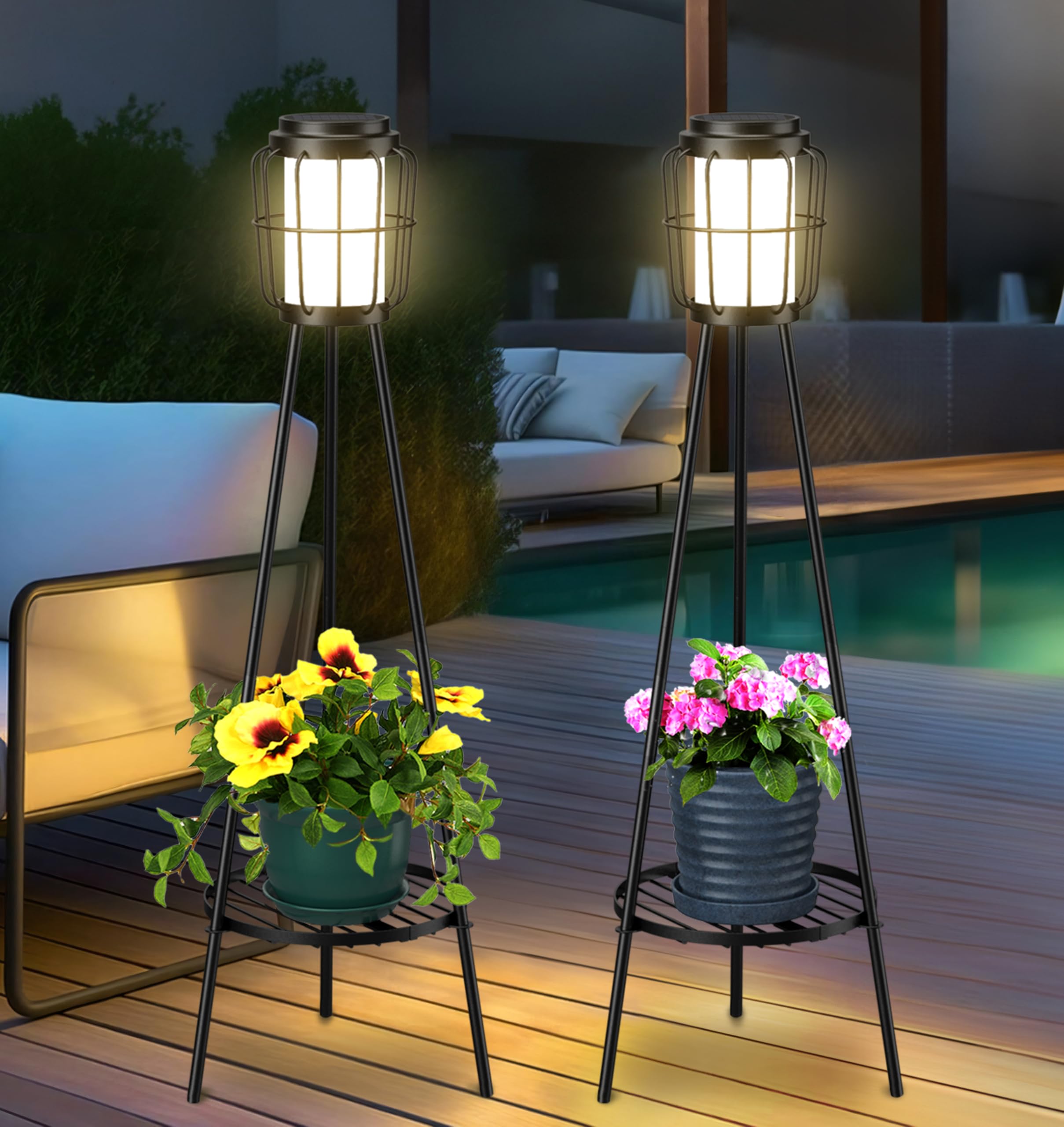 Visflair Solar Floor Lamps 2 Pack - Waterproof Metal Lights With Plant Stand For Outdoor Decor