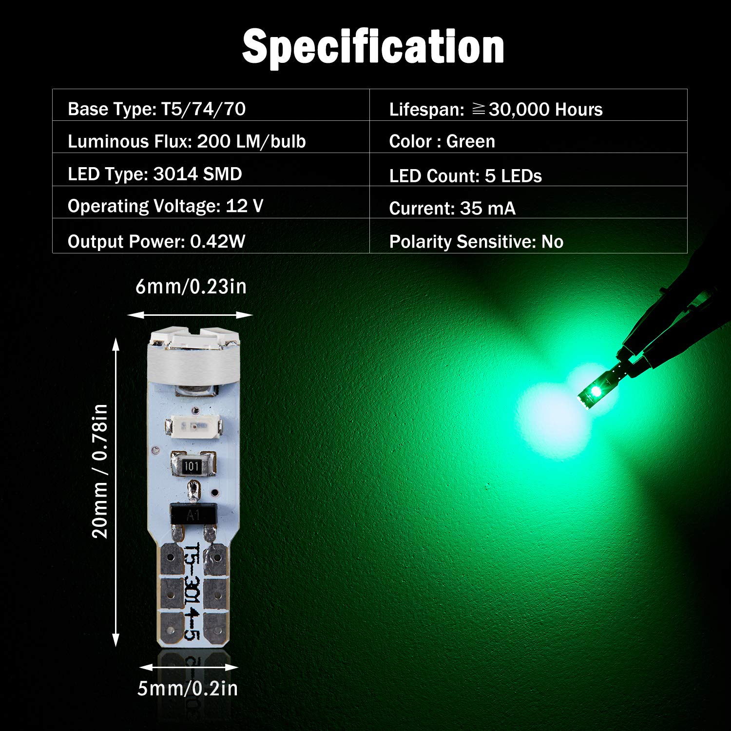BRISHINE 10X T5 LED Bulbs Green, Canbus Error Free, 3014 Chipsets, Model XPISMII-T5G-5SMD3014-10P for