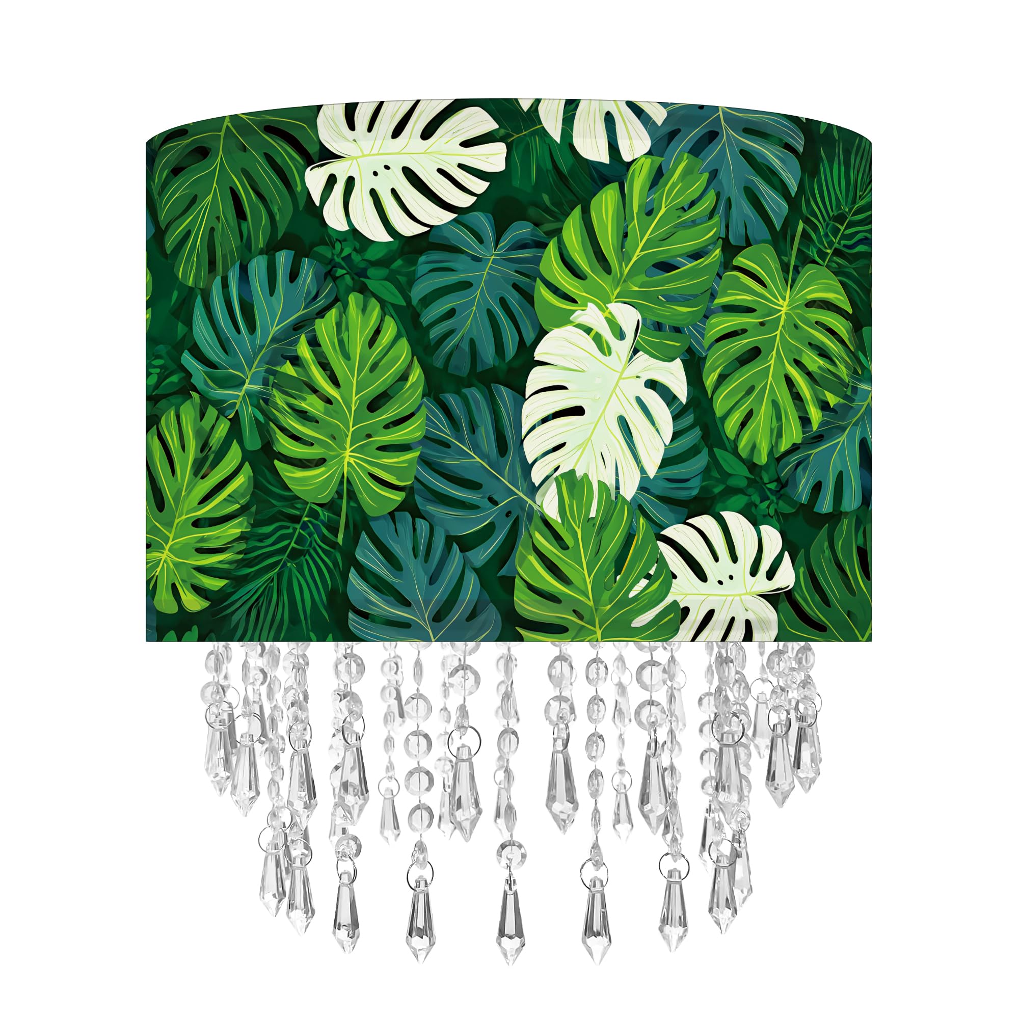 Green Leaf Tropical Leaf Lamp Shade with Acrylic Bead Droplets, Drum Fabric Light Shade for Pendant Table or Floor Lamps, Botani