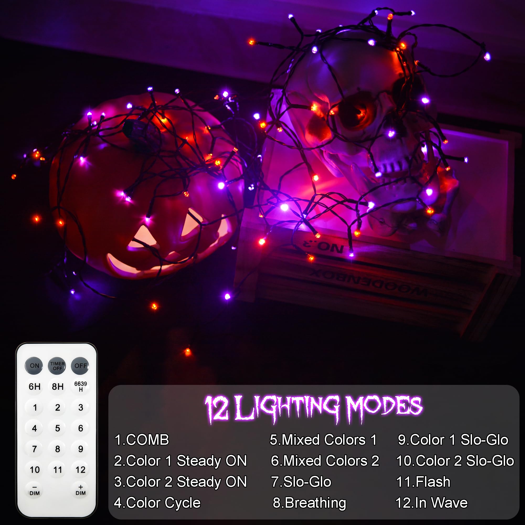 echosari 100 LED String Lights, 33ft Battery Operated, Dual Color Changing, Warm White & Purple Orange, Black Wire, Remote Timer