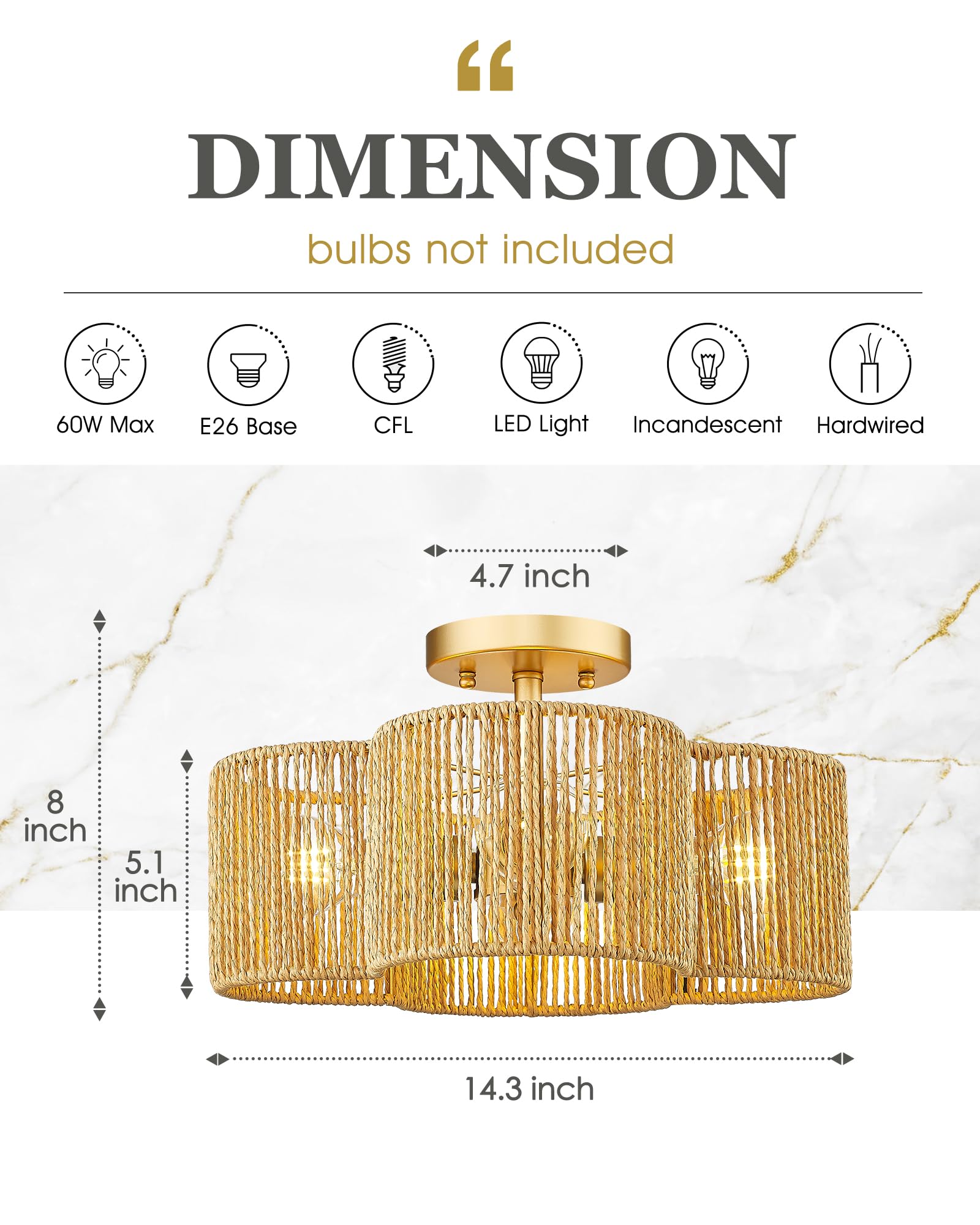 Audickic Rattan Light Fixtures Ceiling Mount, 4-Light 14'' Boho Semi Flush Mount Ceiling Light With Hand-Woven Shade In Quatrefo