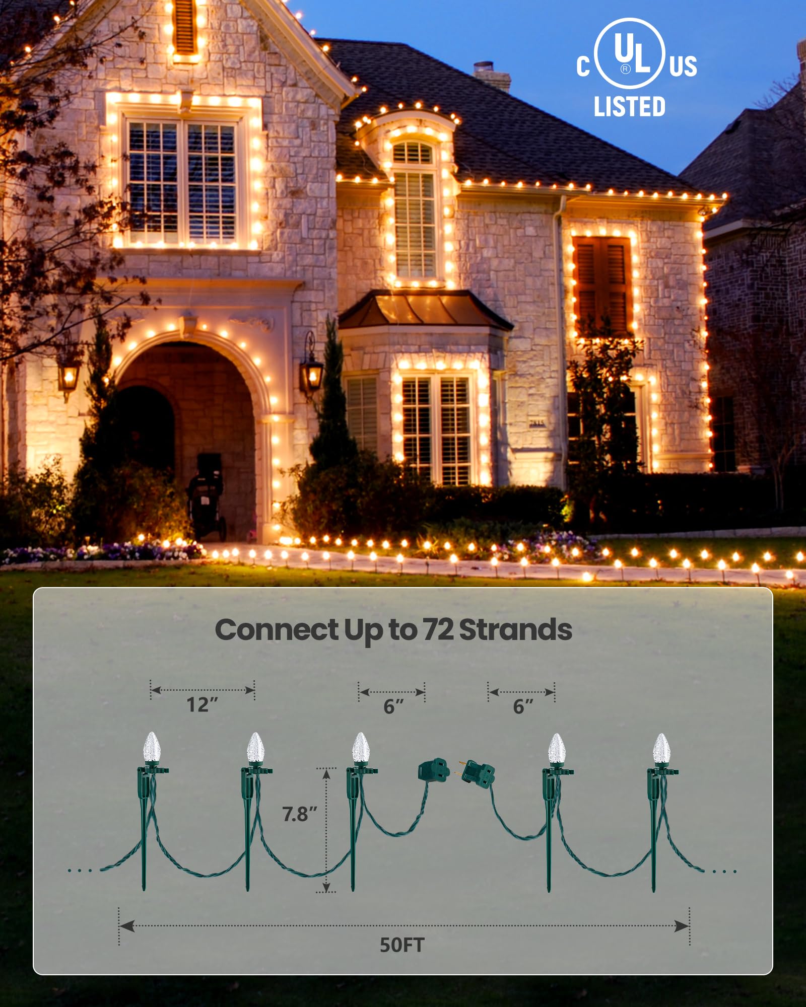Suraielec C9 Christmas Pathway Lights, Walkway Christmas Lights With Warm Bulbs, Total 50 Ft 50 Led, Extendable String Lights Fo