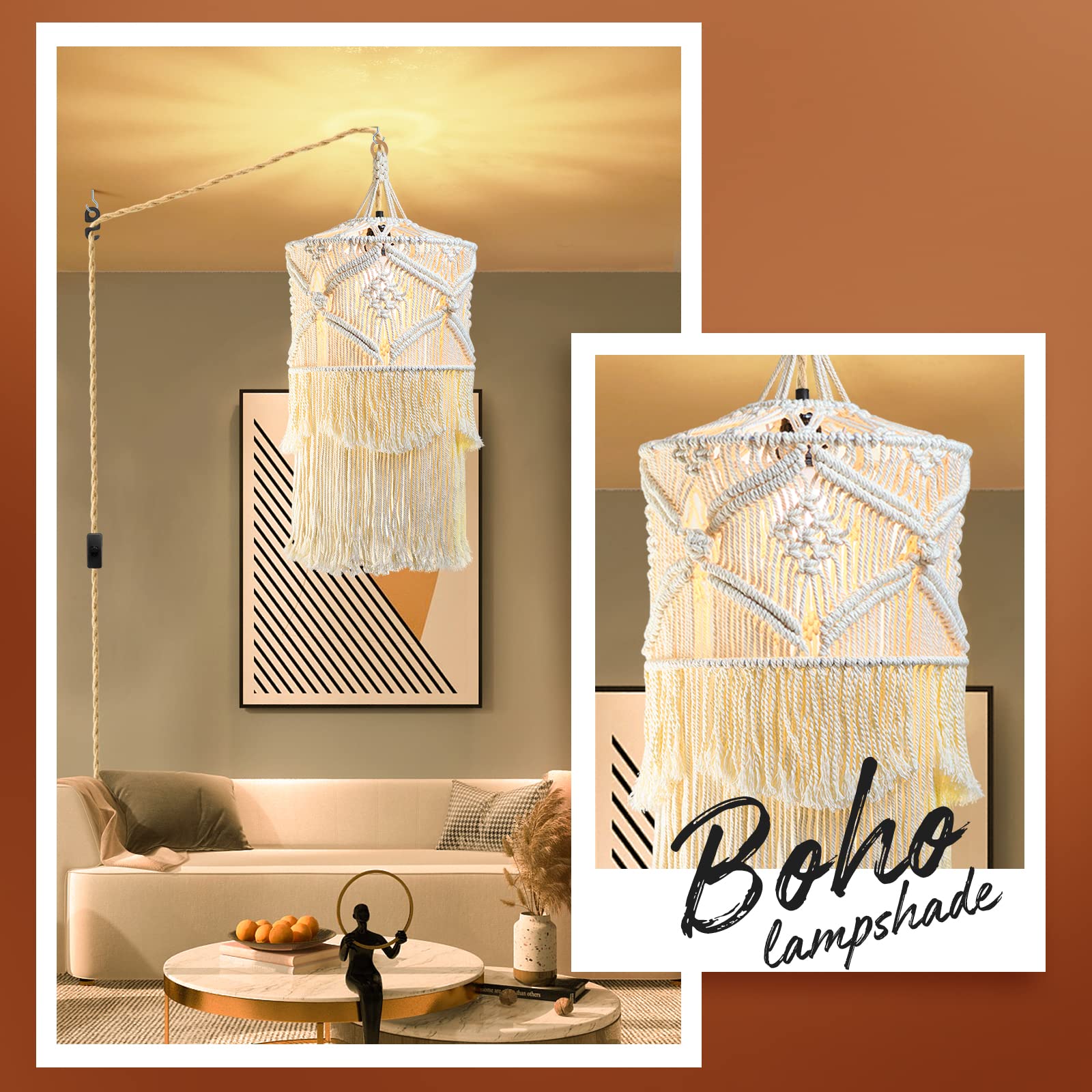 Boho Plug In Pendant Light, 15Ft Hanging Lights With Plug In Cord, Pendant Lights With Handmade Macrame Lamp Shade, Hemp Rope Cord And On/Off Switch, Hanging Lamp For Boho Bedroom Decor Living Room