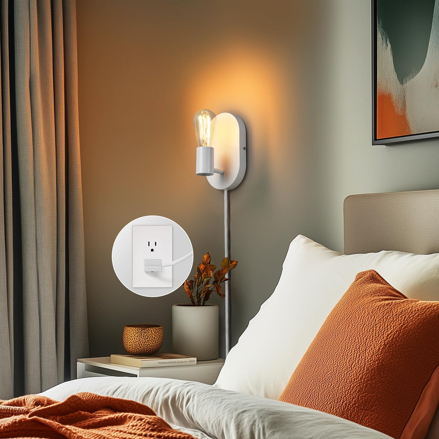 Globe Electric 65000134 1-Light Plug-In Or Hardwire Wall Sconce, Matte White, 6Ft White Fabric Covered Cord, Inline On/Off Rocke