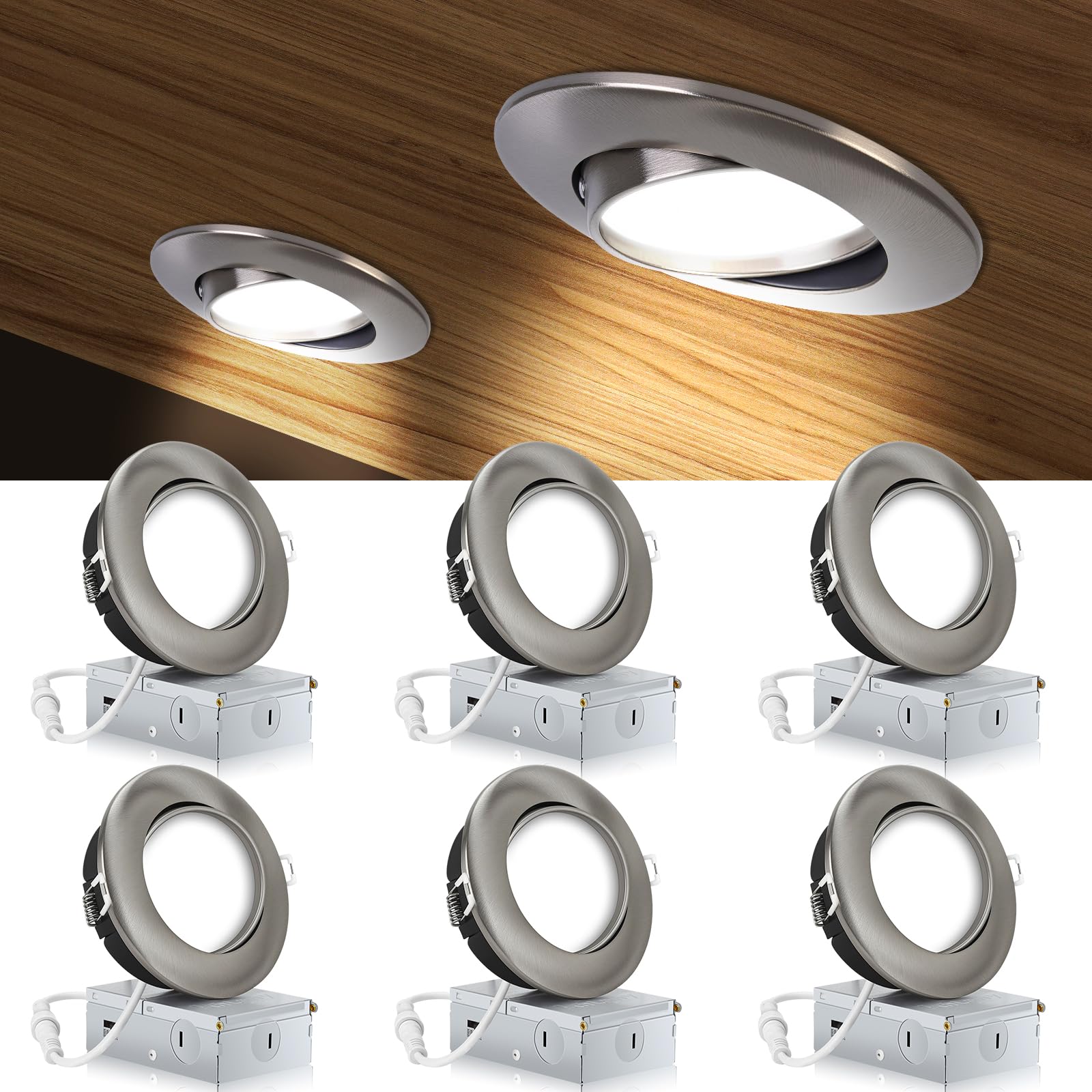 KnLnny Ware Recessed Lighting 4 Inch 6 Pack, Dimmable Adjustable Eyeball Gimbal, Brushed Aluminum, Model Light003Brushed
