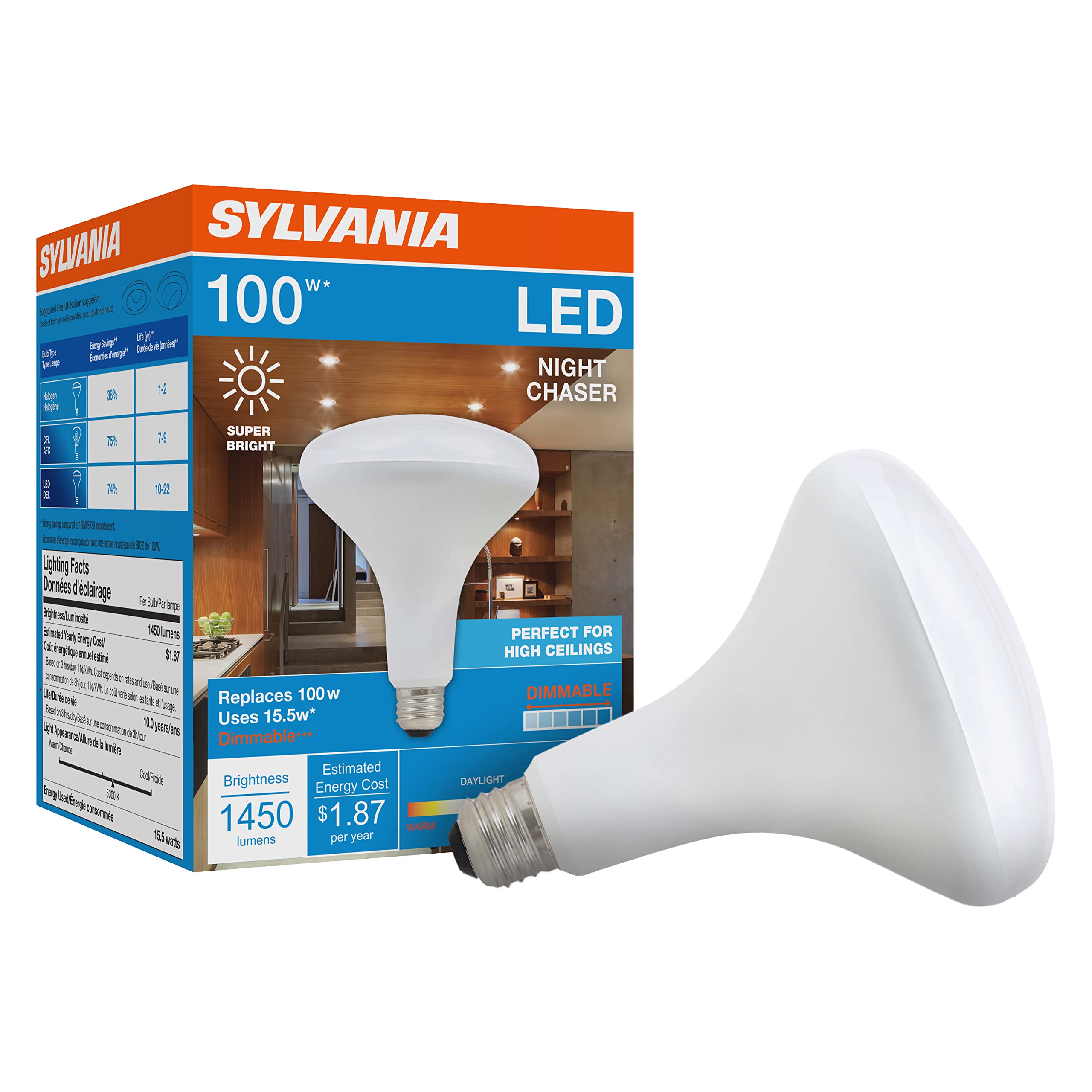 Sylvania Night Chaser Led Br30 Light Bulb, 100W = 15.5W, Dimmable, 10 Year, Super Bright, 1450 Lumens, 5000K, Daylight - 1 Pack 