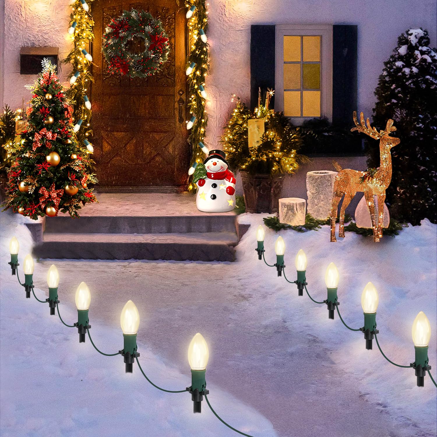 USOKYO C9 LED Christmas Pathway Lights, 45Ft, 30 Warm White Waterproof Bulbs, Connectable for Driveway, Yard, Lawn Decorations