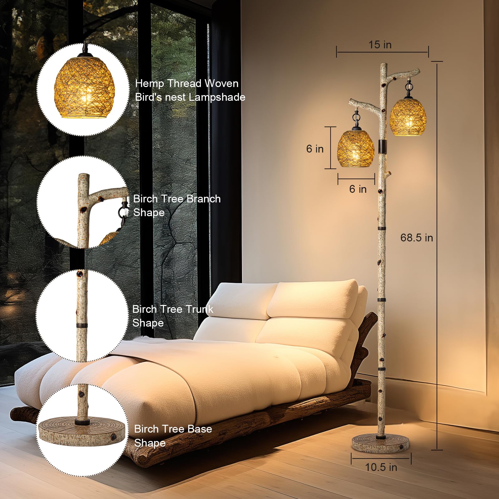 68.5'' Rustic Farmhouse Remote Control Switch Birch Tree Floor Lamp With Bird Nest Lantern Shade Vintage Standing Lamp For Livin