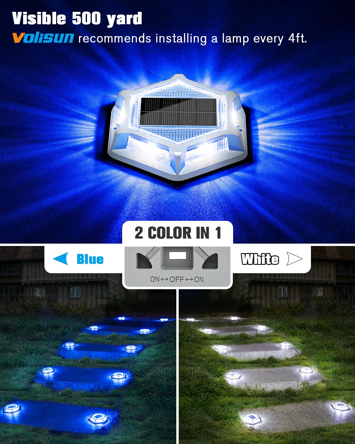 VOLISUN Solar Driveway Lights - 16 Pack Waterproof LED Marker Lights, IP67, White/Blue, Metal, Model 21386ZM