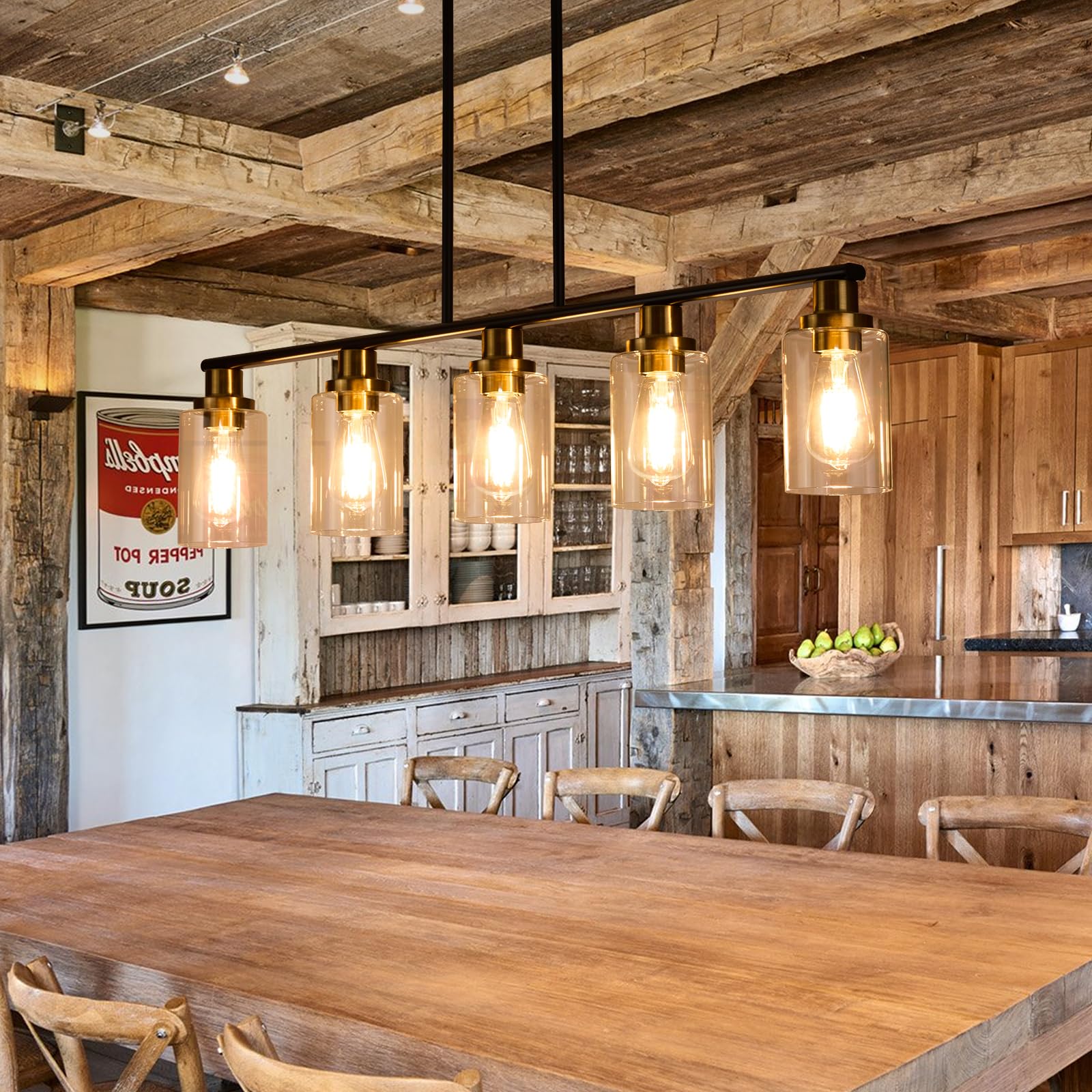 Kpiok Dining Room Light Fixture,5-Light Farmhouse Linear Chandeliers For Dining Room Over Table,Matte Black And Gold Finish Kitchen Island Pendant Lighting For Kitchen Island,Pool Table Light