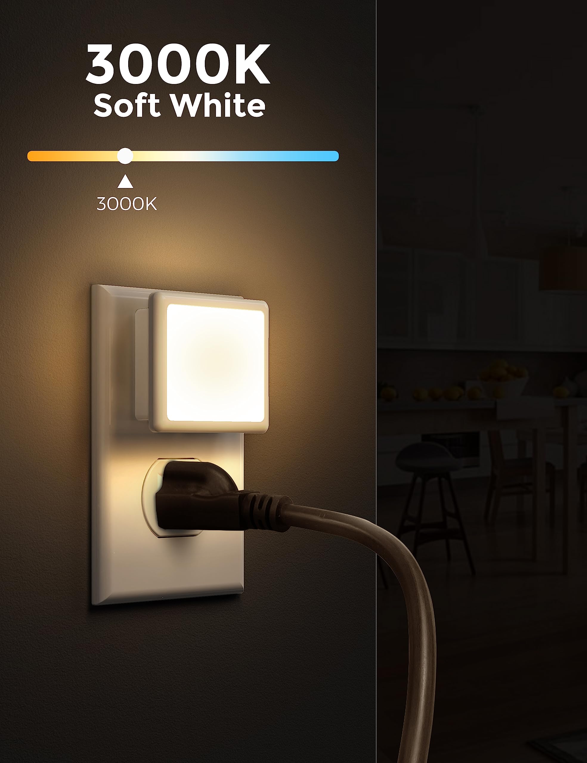 L LOHAS LED Night Lights 2-Pack, 0.3W, Dusk to Dawn, Soft White 3000K, Auto-On/Off, for Bedroom, Bathroom, Kitchen, Model