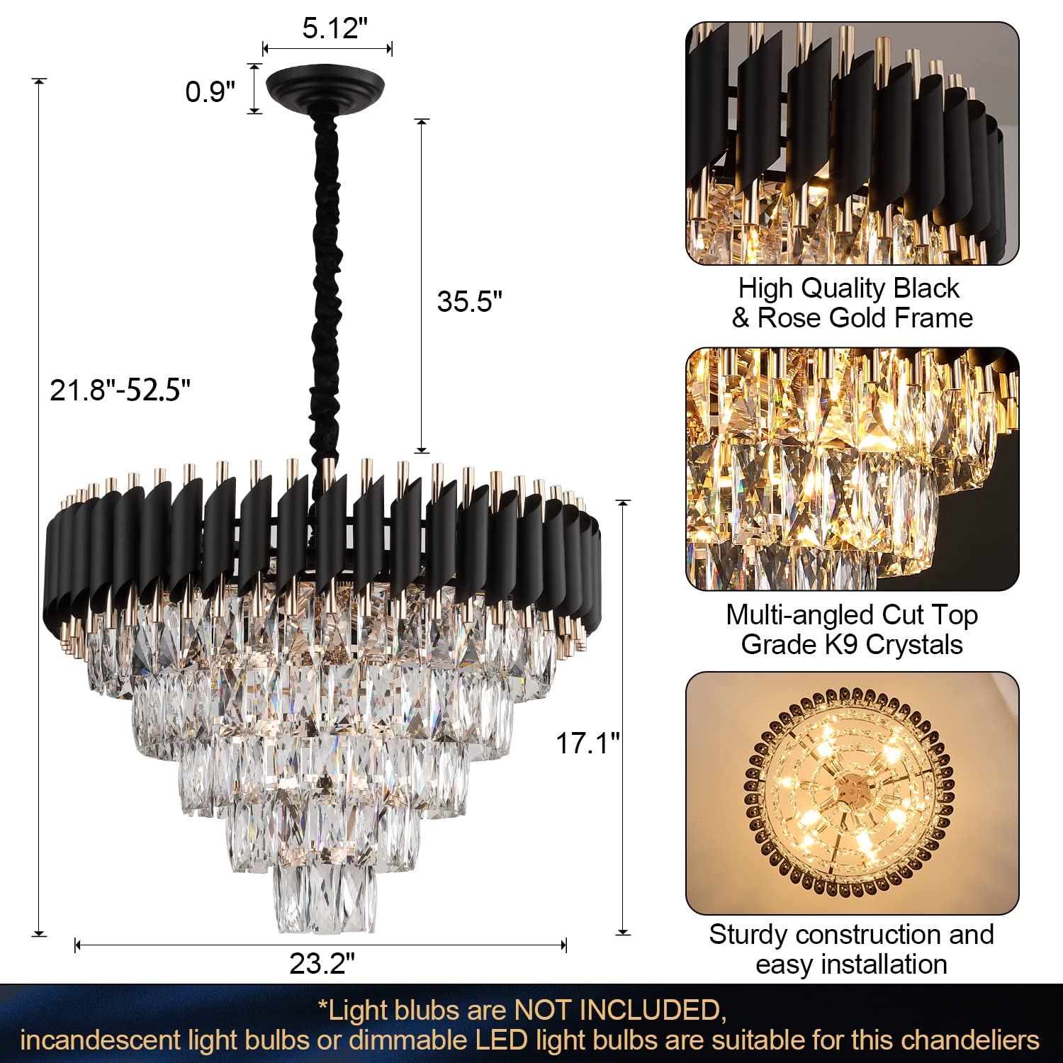 AXILIXI Crystal Chandelier, 24" Modern K9 Crystal Pendant Lighting, Black & Gold, 5 Tiers for Living Room, Entryway, Dining Room
