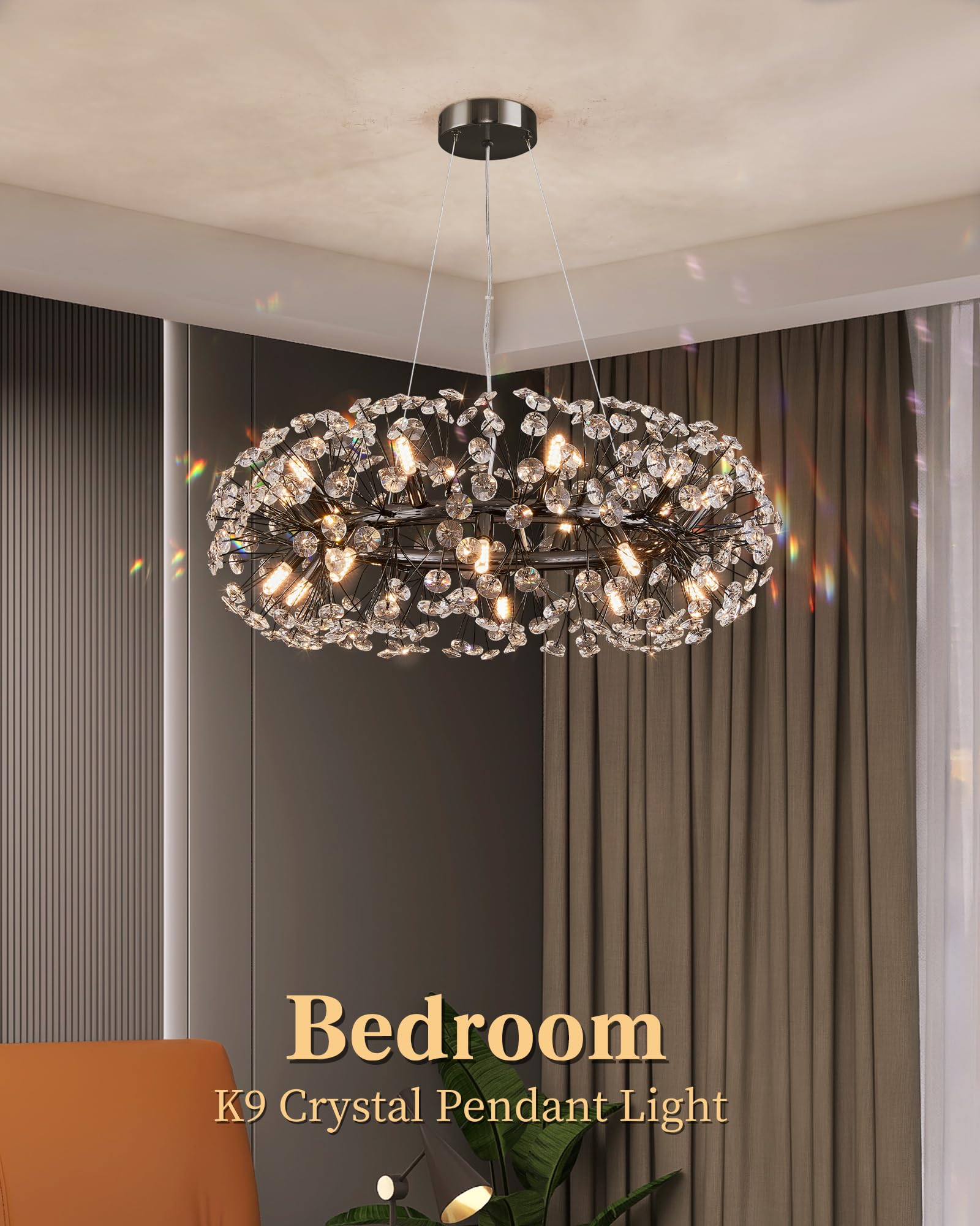 Modern Firework Chandelier, Farmhouse Black Crystal Round Dandelion Sputnik Chandeliers, 31.5'' Contemporary 20-Light Pendant Ha
